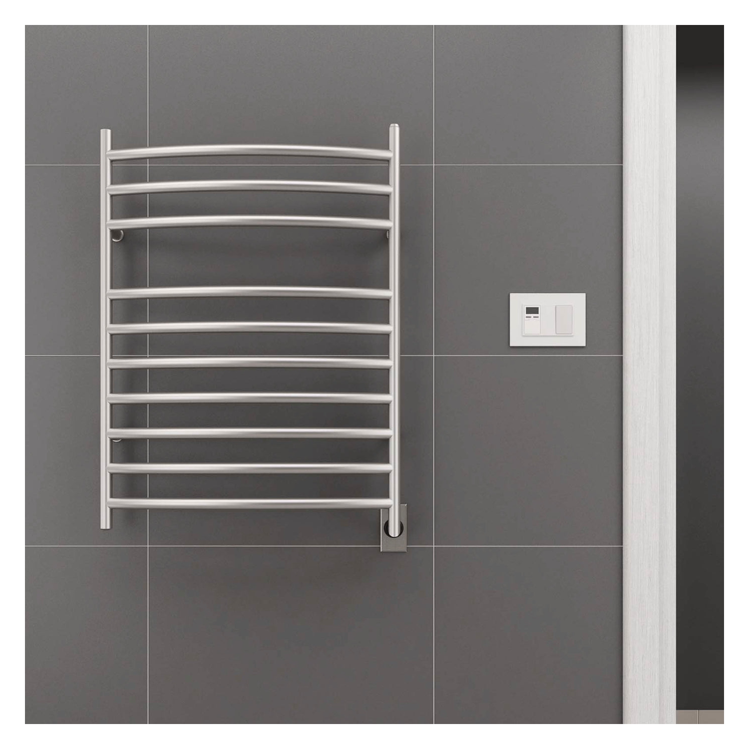 Ancona porte-serviettes chauffant à fixation murale à 10 barres Comfort en acier inoxydable brossé avec minuterie murale