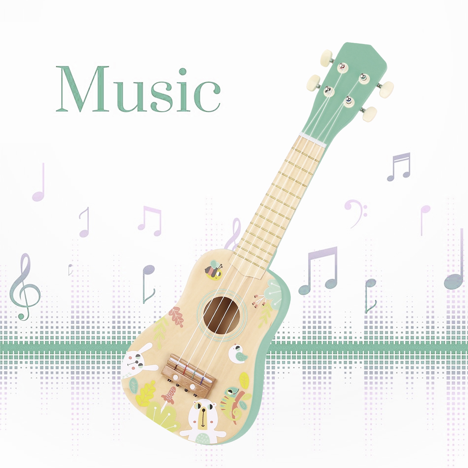 TOOKYLAND 4-String Wooden Ukulele Toy - Mini Guitar Pretend Musical Instrument, Ages 3+