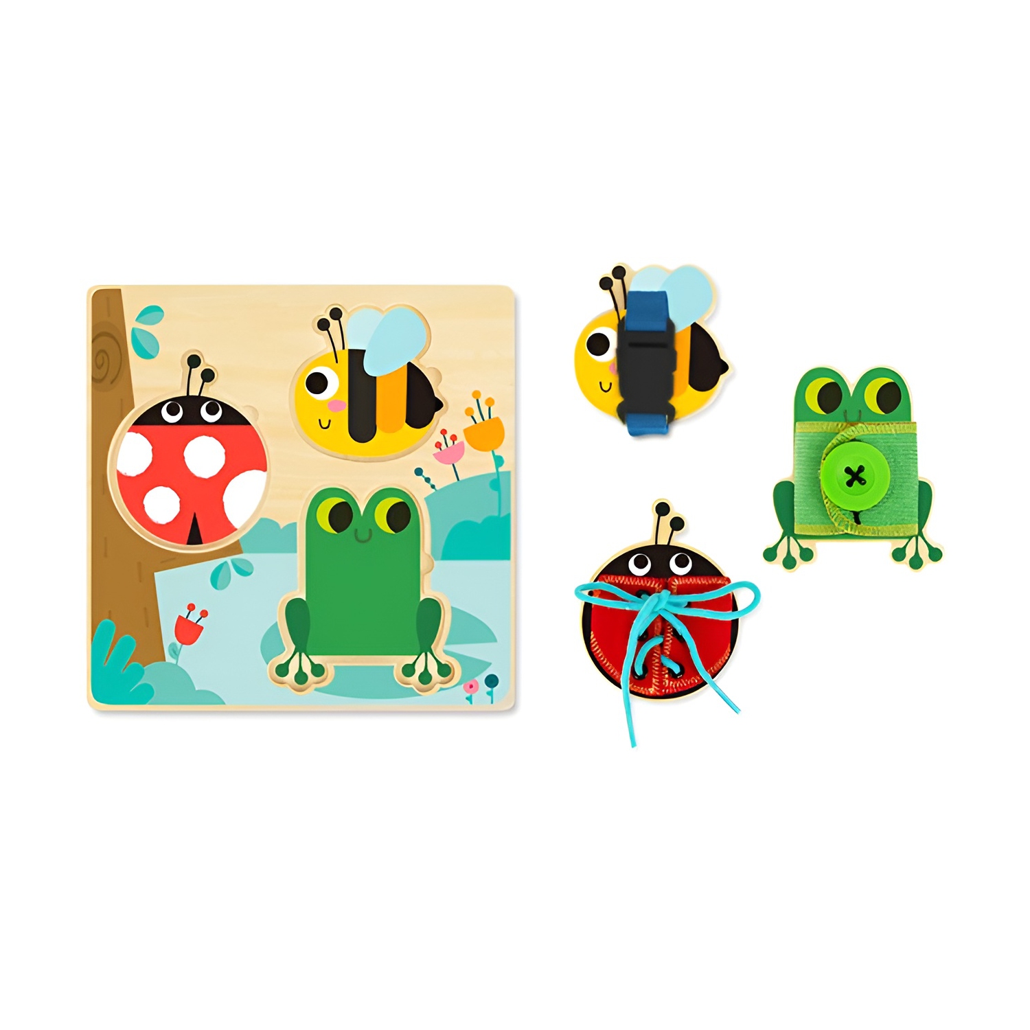 TOOKYLAND Wooden Basic Skills Board - 5pcs - Learn to Lace, Tie, Snap and Button, Ages 3+