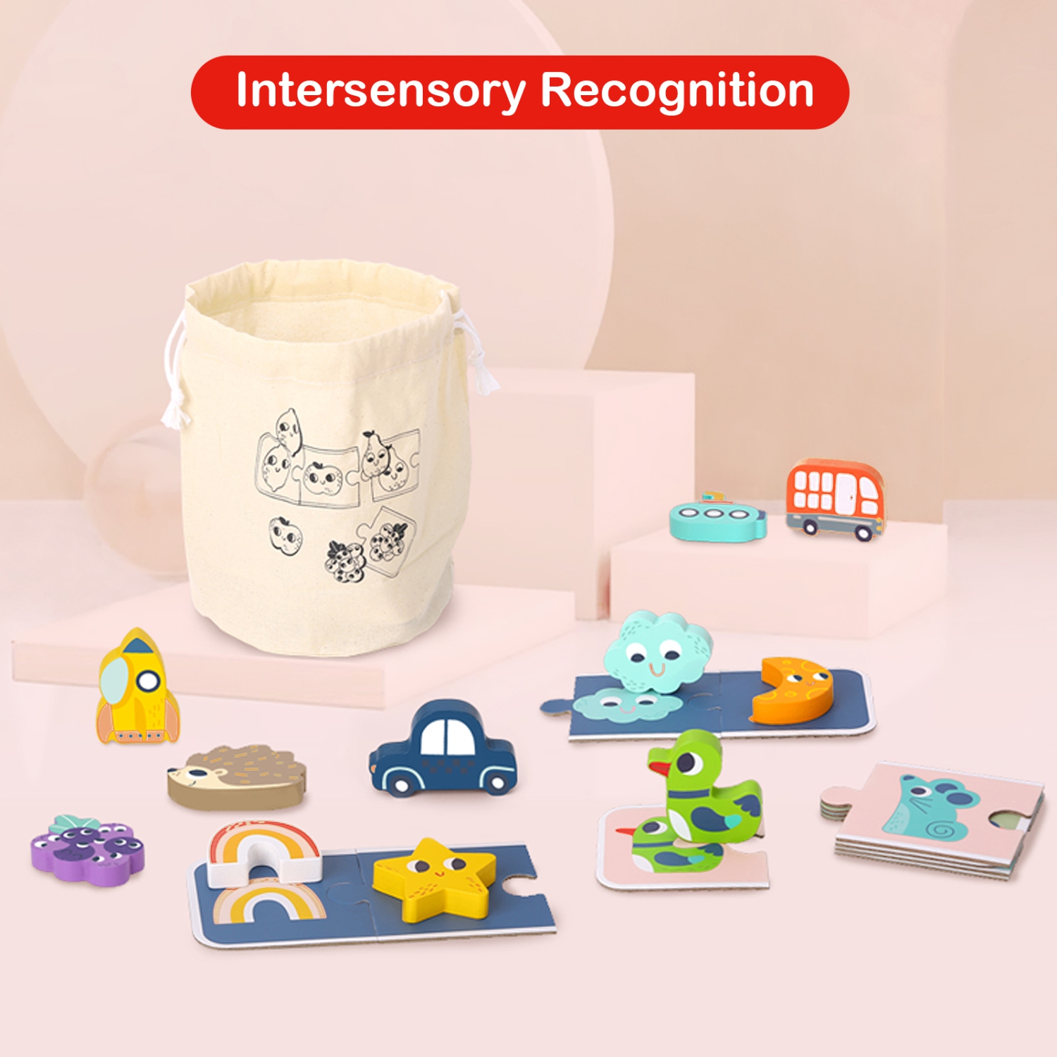 TOOKYLAND Memory Touch Recognition Game - 33pcs - 2-4 Players Wooden Toy Set, Ages 3+