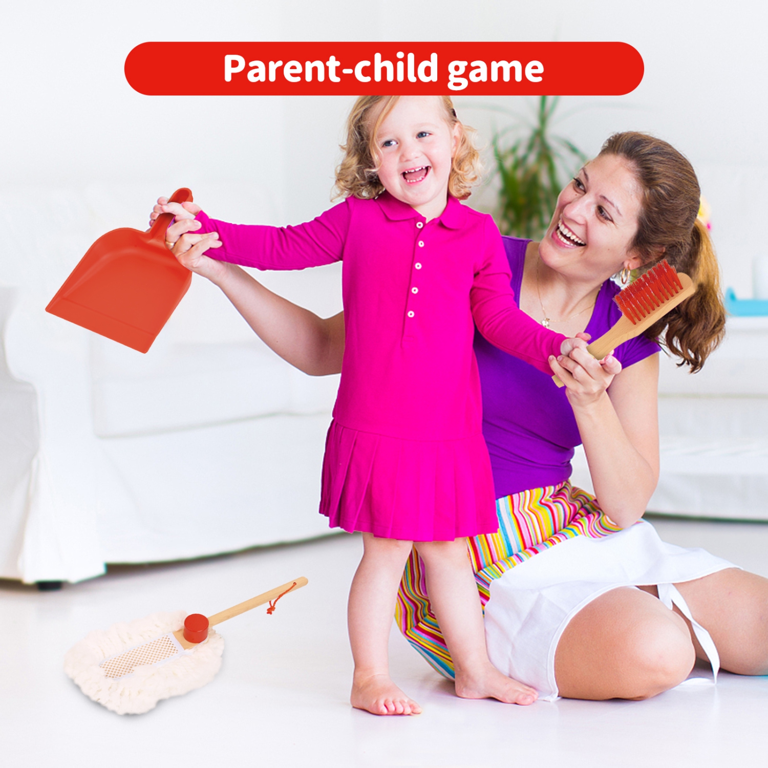 TOOKYLAND Ensemble de Jeu de Nettoyage - 6pcs - Balai, Vadrouille, Plumeau, Porte-Poussière, Brosse et Support, 3 ans +