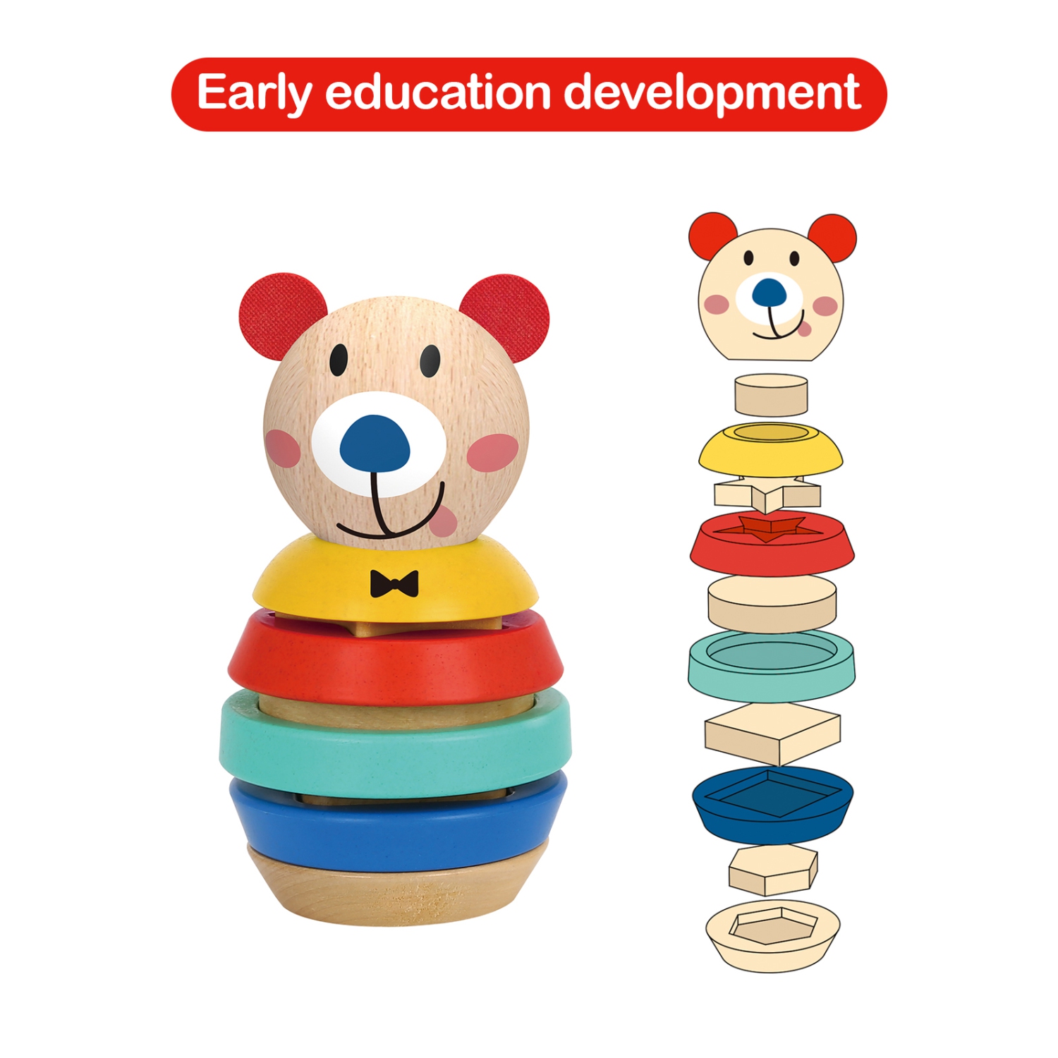 TOOKYLAND Wooden Bear Stacking Toy - 11pcs Tower Stacker, Ages 12m+