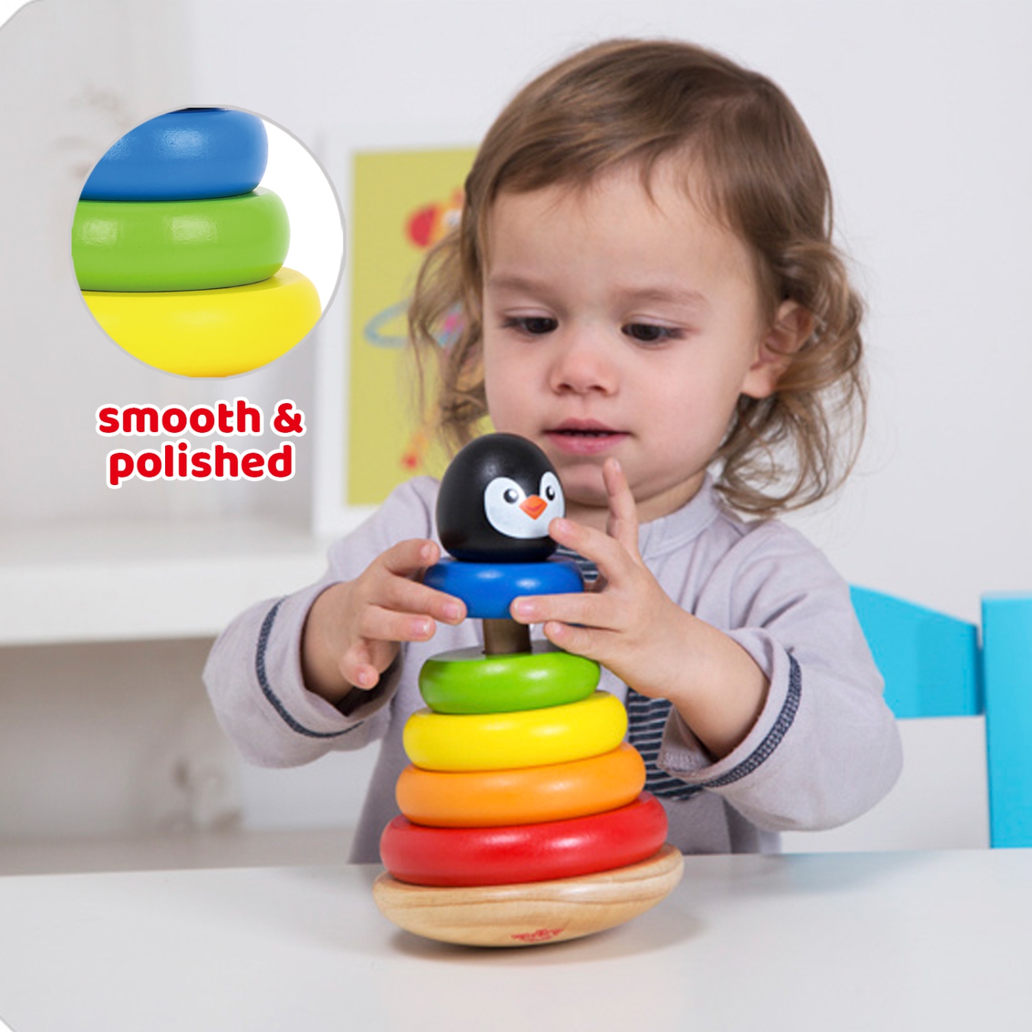 TOOKYLAND Pingouin Culbuto à Empiler - 7pcs - Jouet Empileur Culbutant en Bois, 12m+