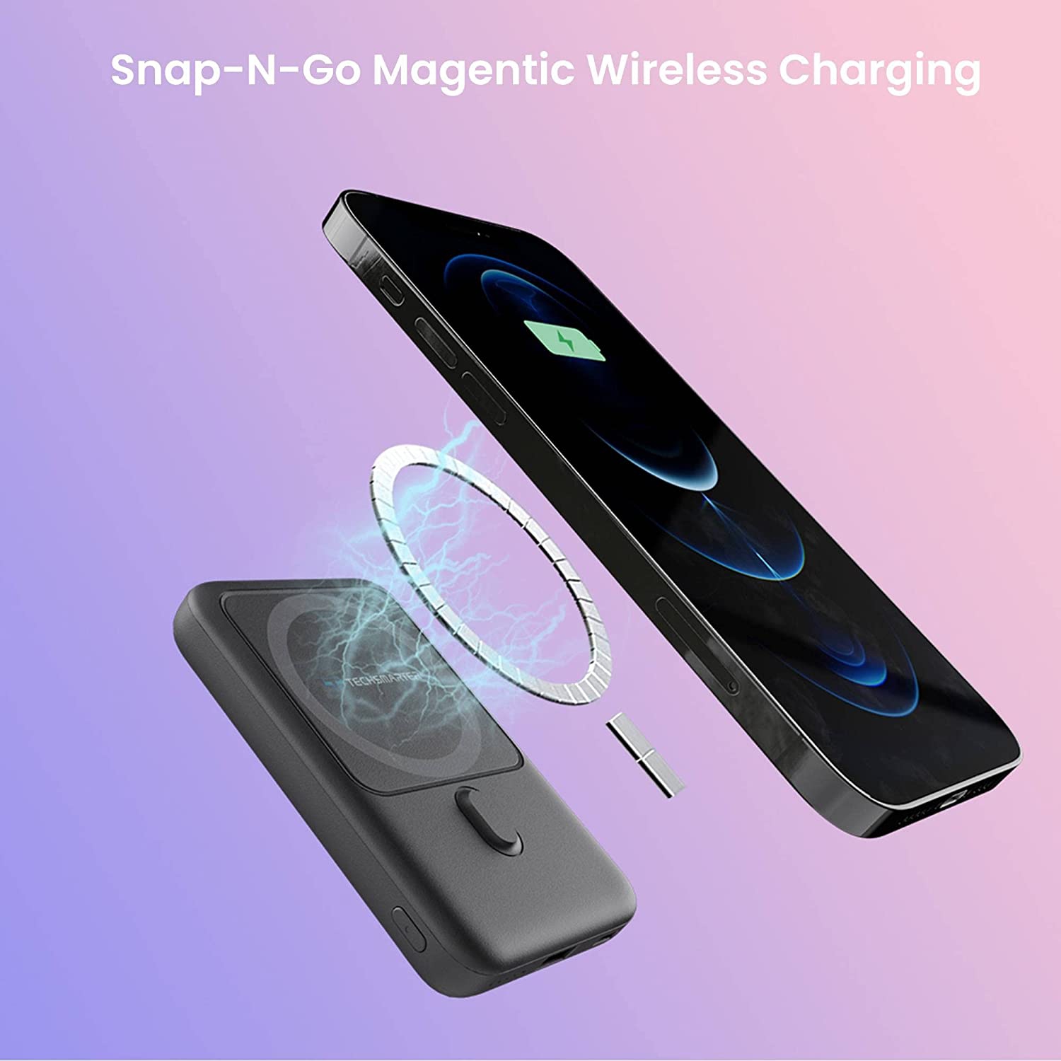 Techsmarter 10000mAh Magnetic Wireless Power Bank Portable Phone Charger with Kickstand. Compatible with iPhone 12, 13, 14 Phones