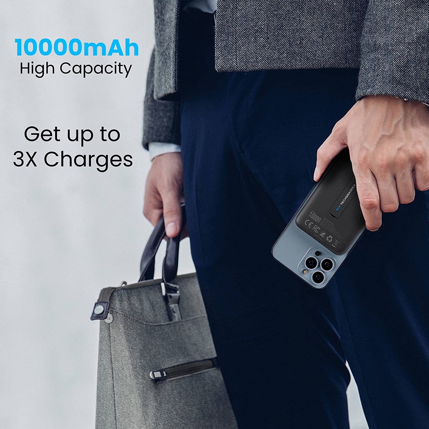 Techsmarter 10000mAh Magnetic Wireless Power Bank Portable Phone Charger with Kickstand. Compatible with iPhone 12, 13, 14 Phones