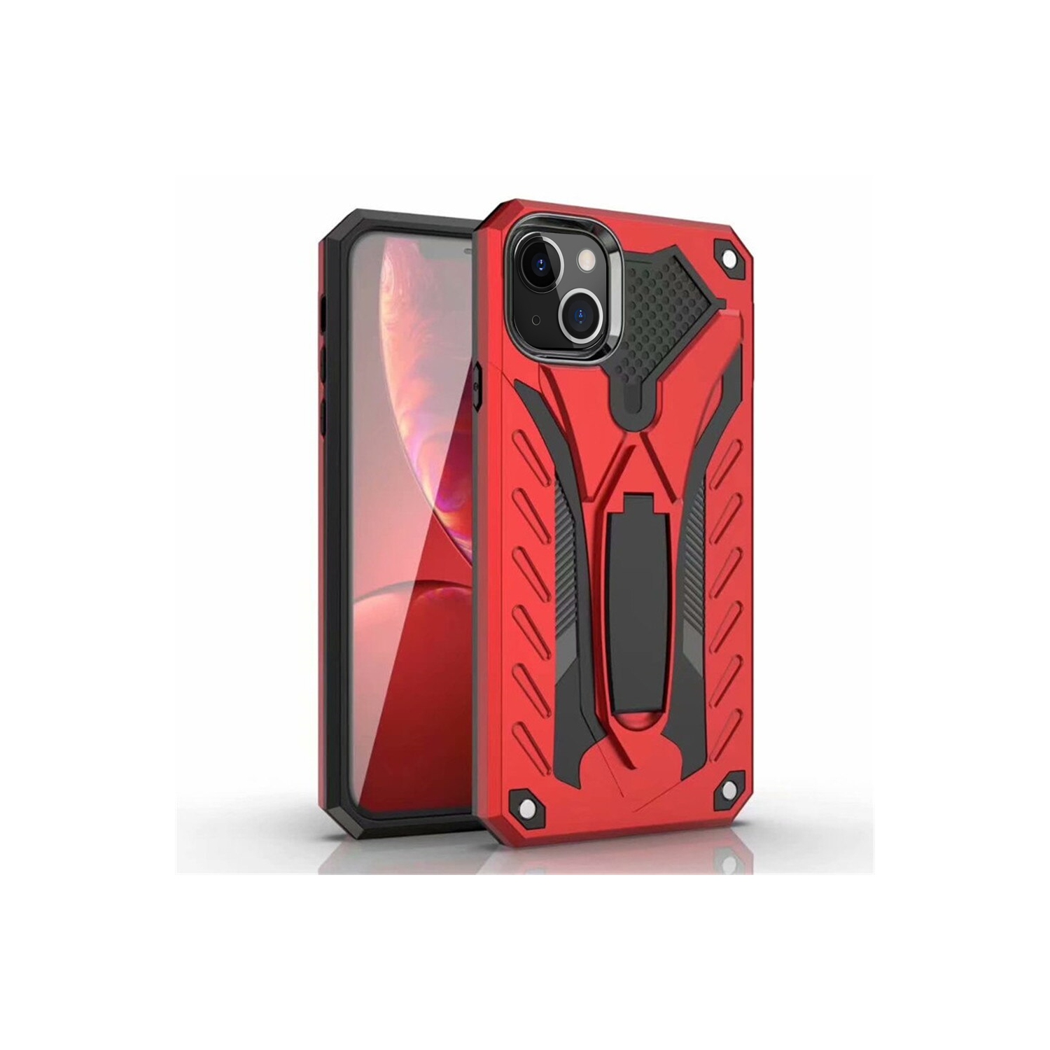 【CSmart】 Shockproof Heavy Duty Rugged Defender Hard Case with Kickstand for iPhone 14 Plus, Red