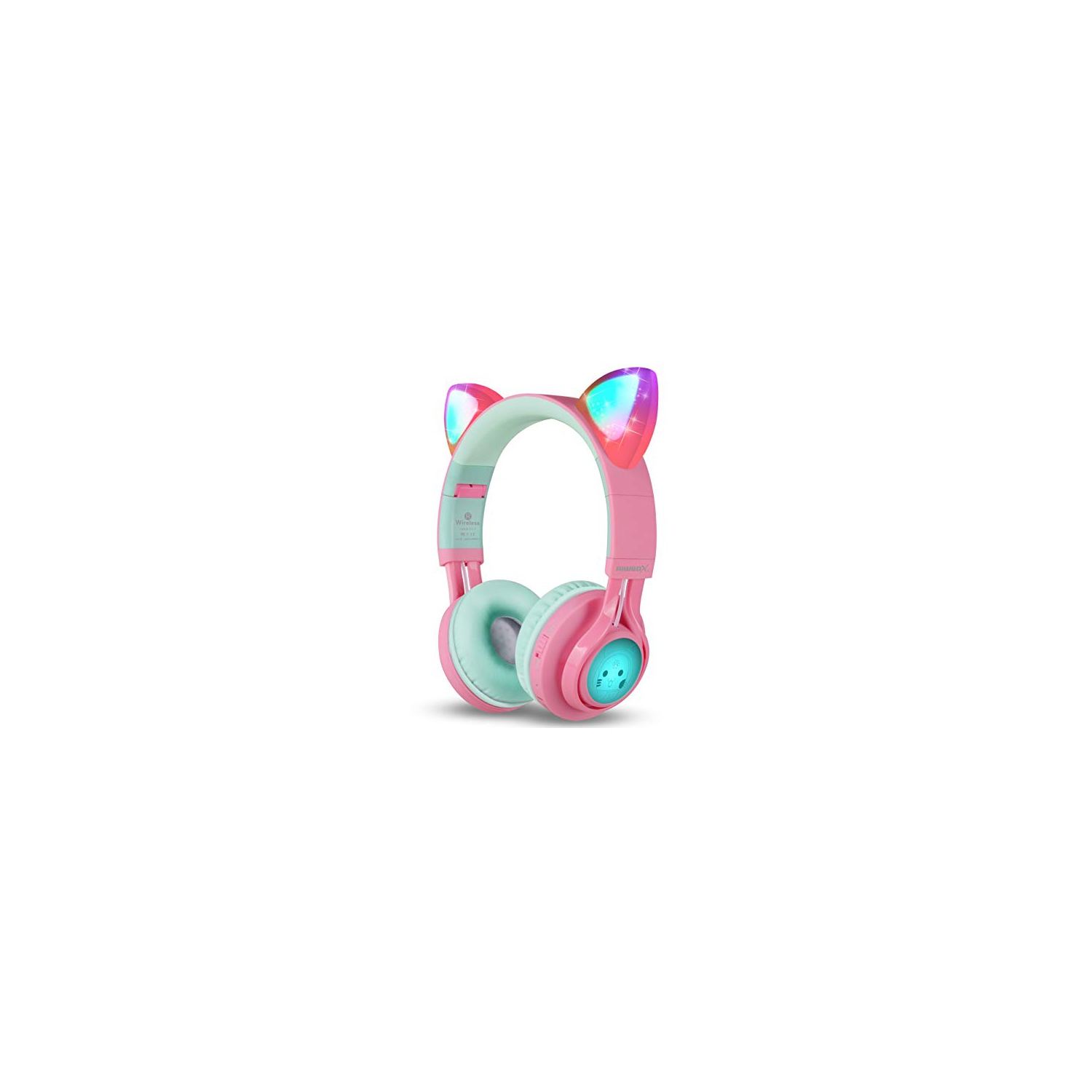 CT-7 Cat Ear Bluetooth Headphones, LED Light Up Bluetooth Wireless Over Ear Headphones with Microphone and Volume Control for iPhone/iPad/Smartphones/Laptop/PC/TV (Pink&Green)