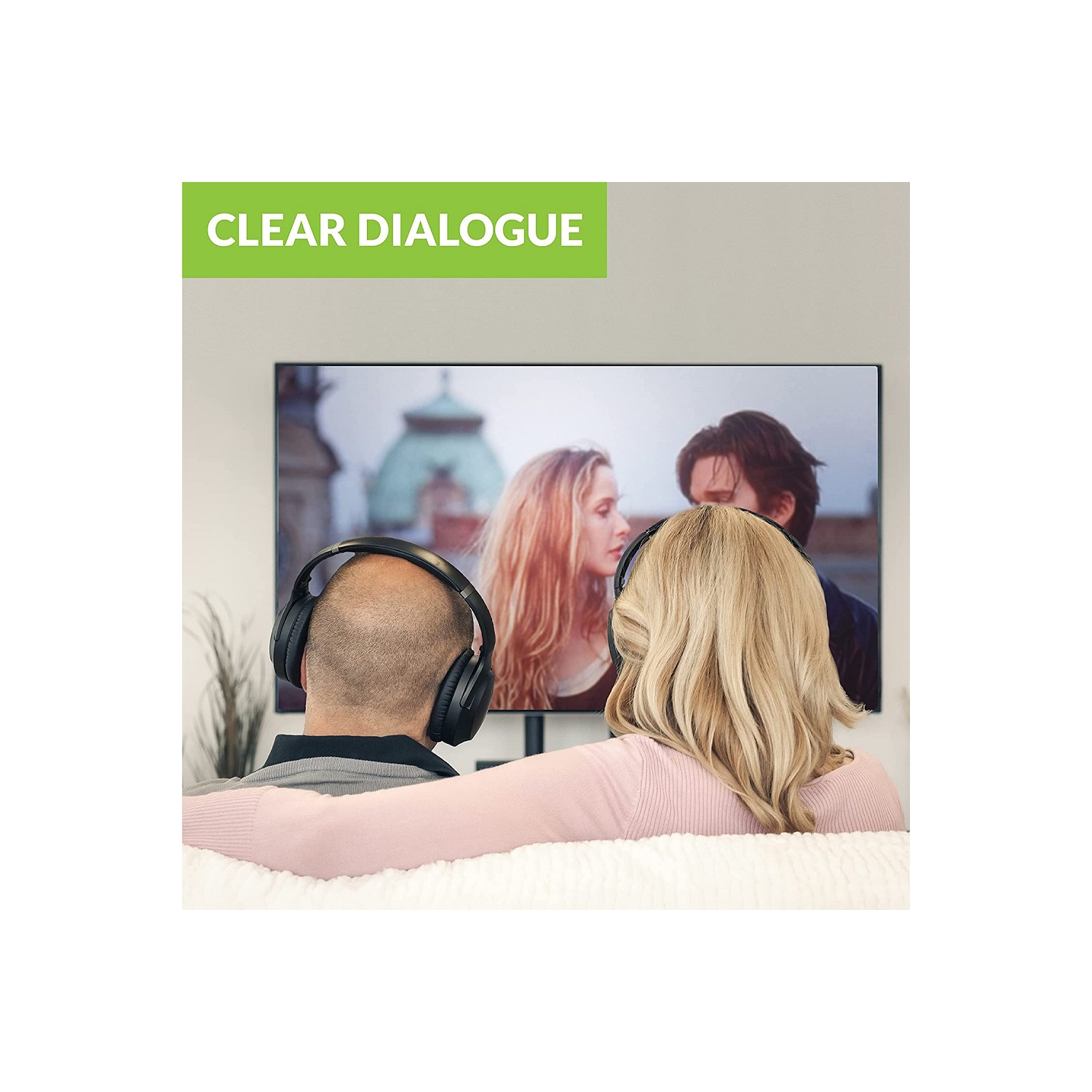 Avantree Duet - Dual Wireless Headphones for TV Watching with Transmitter/Charging Stand 2-in-1, Clear Dialogue Mode & Volume Boost for Seniors,