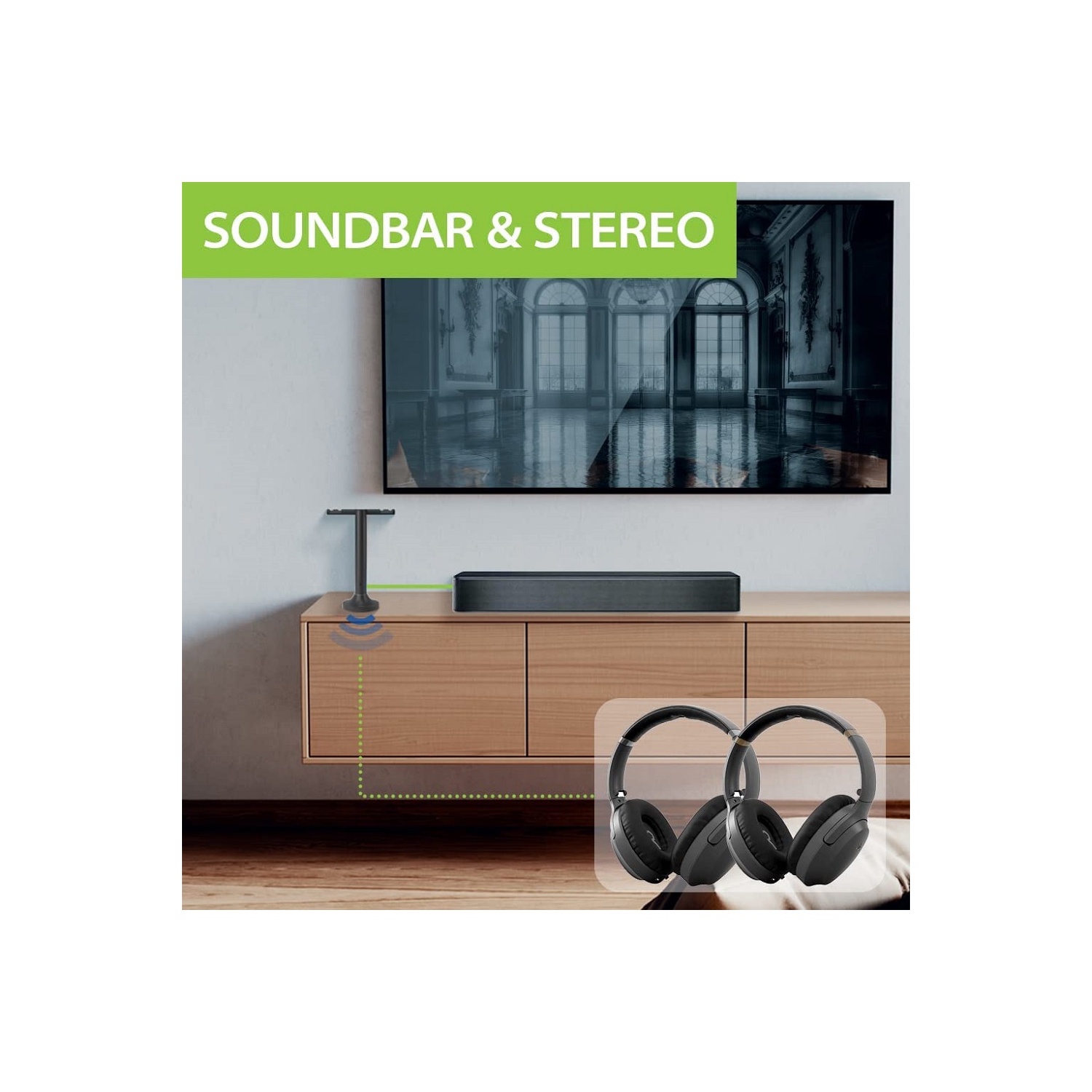 Avantree Duet - Dual Wireless Headphones for TV Watching with Transmitter/Charging Stand 2-in-1, Clear Dialogue Mode & Volume Boost for Seniors,