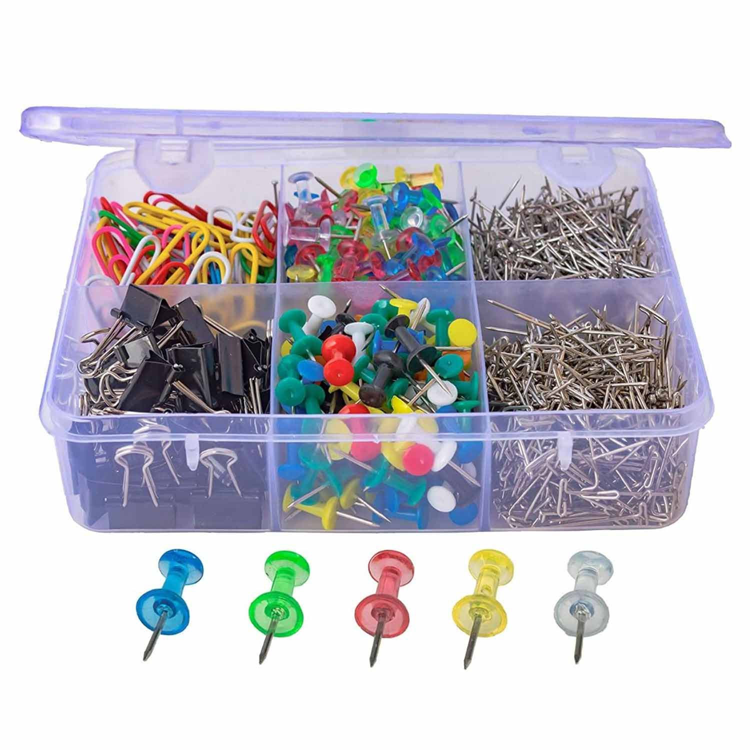 4-in-1 Boxed Binder Clips and Paper Clips Thumbtacks Set Assorted Sizes Small Medium Mini Paper Clamps Bulk for Office School Supplies Teachers