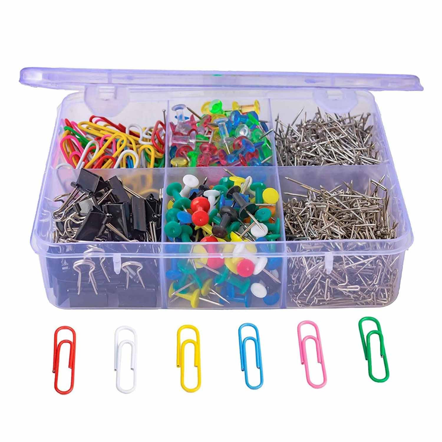 4-in-1 Boxed Binder Clips and Paper Clips Thumbtacks Set Assorted Sizes Small Medium Mini Paper Clamps Bulk for Office School Supplies Teachers