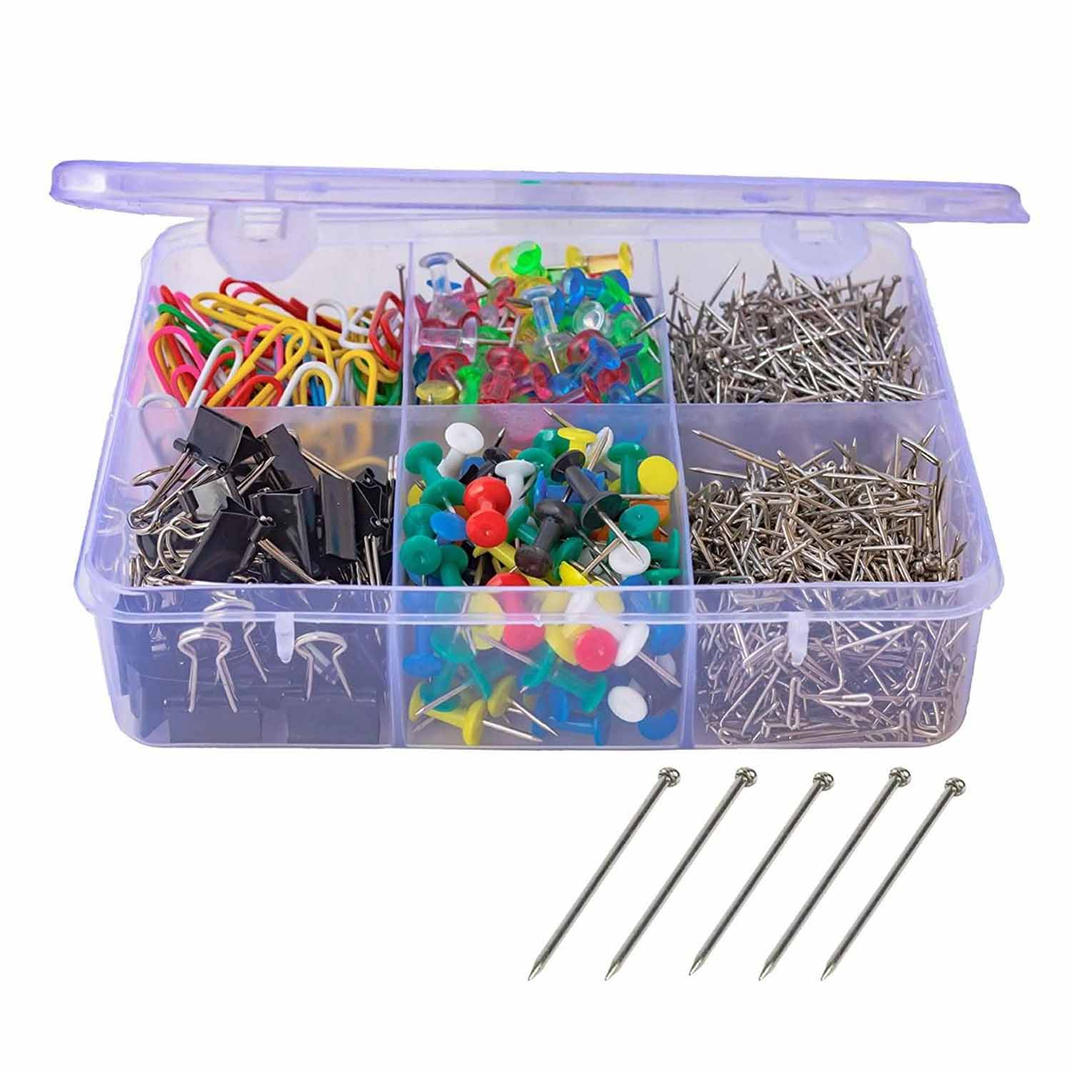 4-in-1 Boxed Binder Clips and Paper Clips Thumbtacks Set Assorted Sizes Small Medium Mini Paper Clamps Bulk for Office School Supplies Teachers