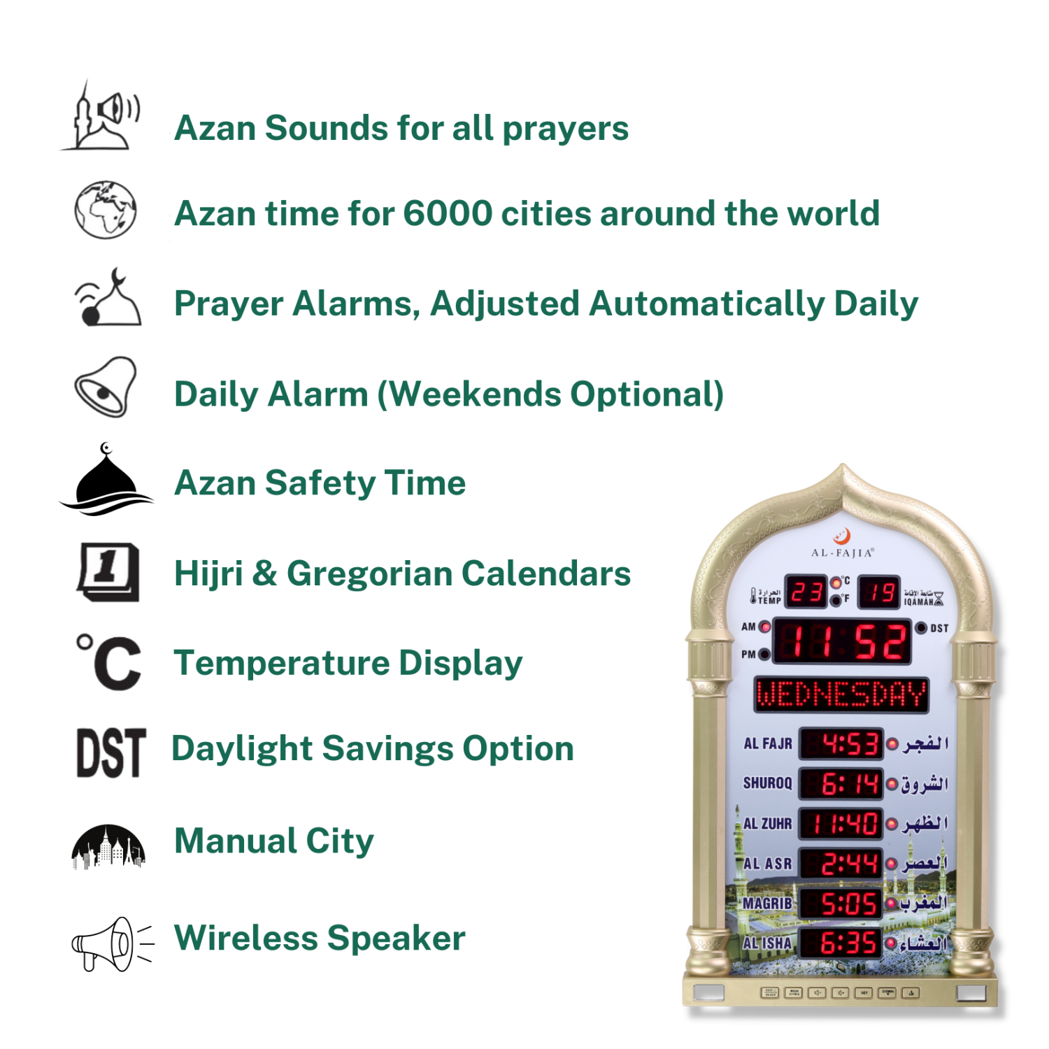 AL-FAJIA Automatic Worldwide Large Digital 8 Azan Sounds Wall and Desk Clock 4008-PRO