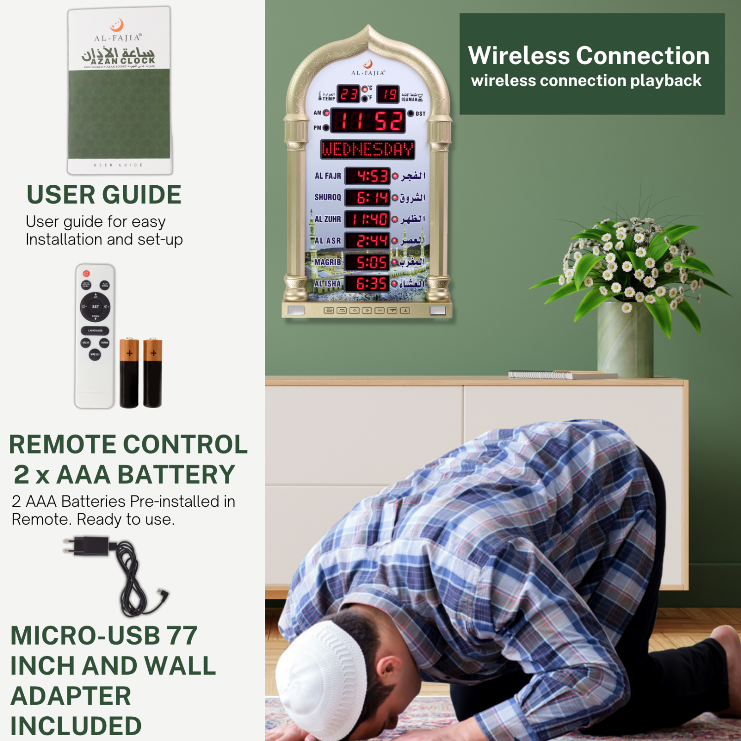 AL-FAJIA Automatic Worldwide Large Digital 8 Azan Sounds Wall and Desk Clock 4008-PRO