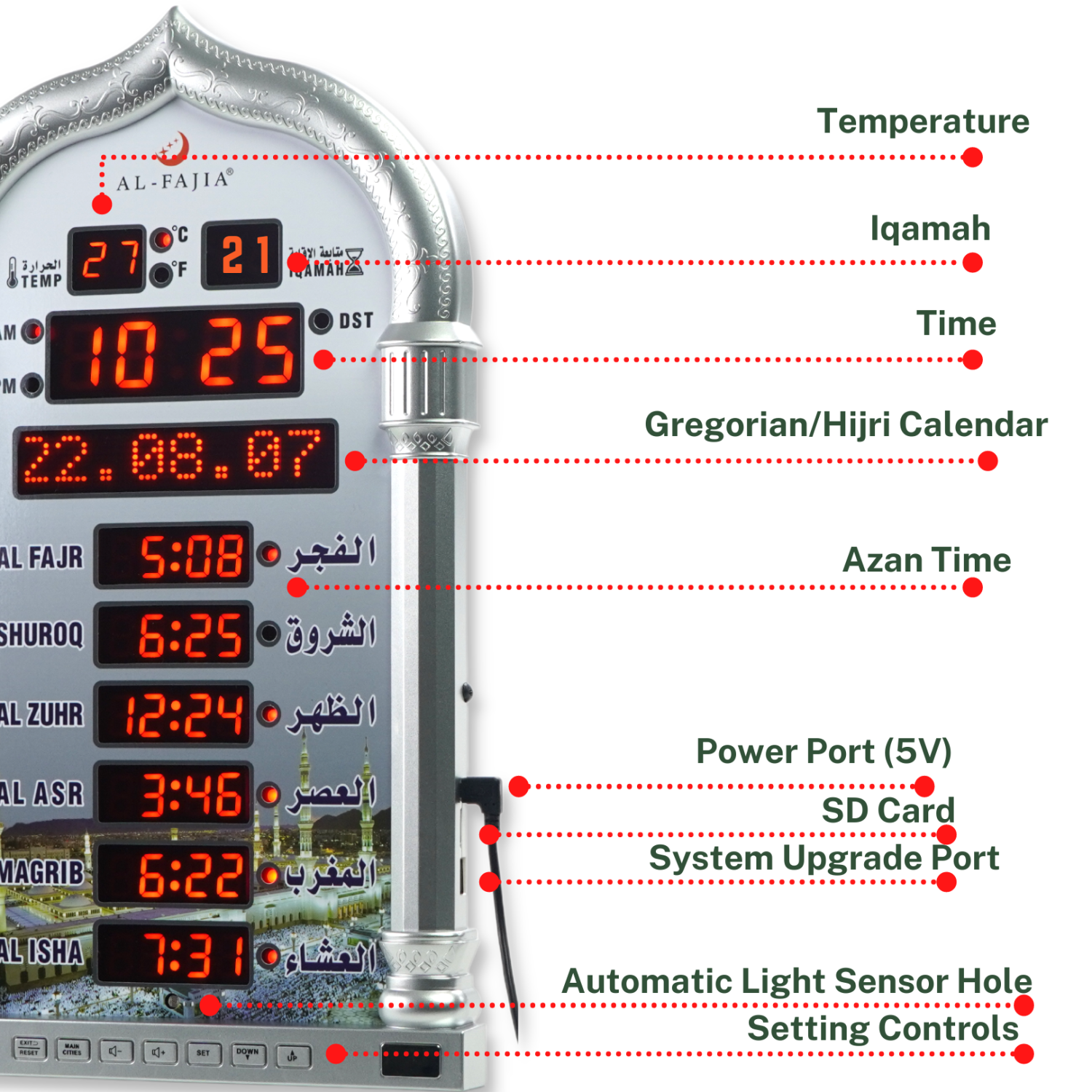 AL-FAJIA Automatic Worldwide Large Digital 8 Azan Sounds Wall and Desk Clock 4008-PRO