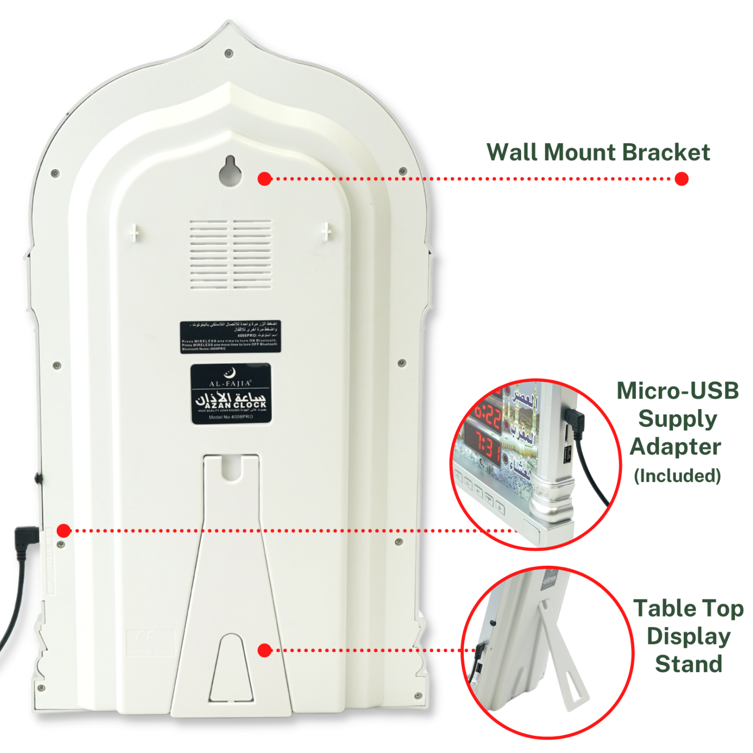 AL-FAJIA Automatic Worldwide Large Digital 8 Azan Sounds Wall and Desk Clock 4008-PRO