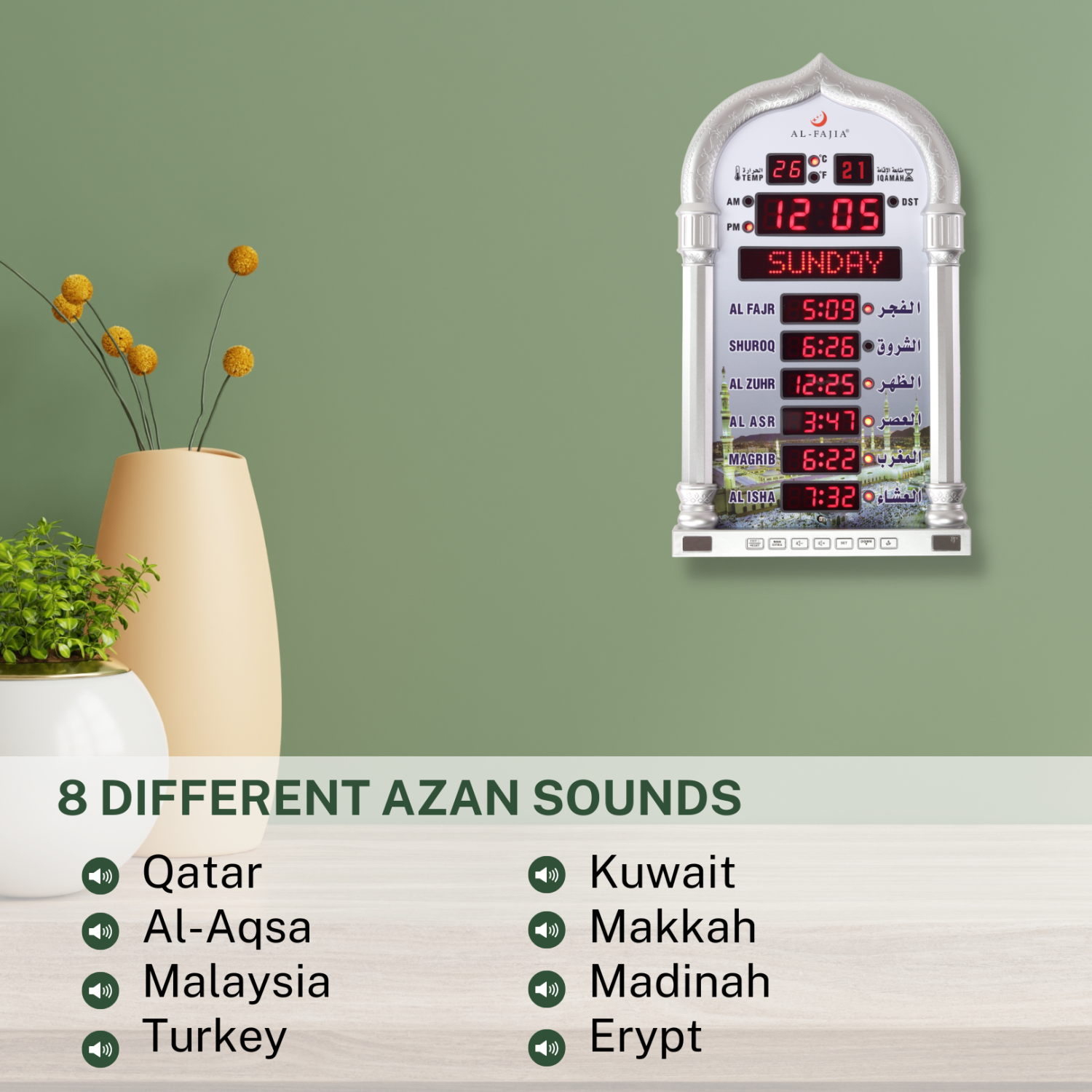 AL-FAJIA Automatic Worldwide Large Digital 8 Azan Sounds Wall and Desk Clock 4008-PRO
