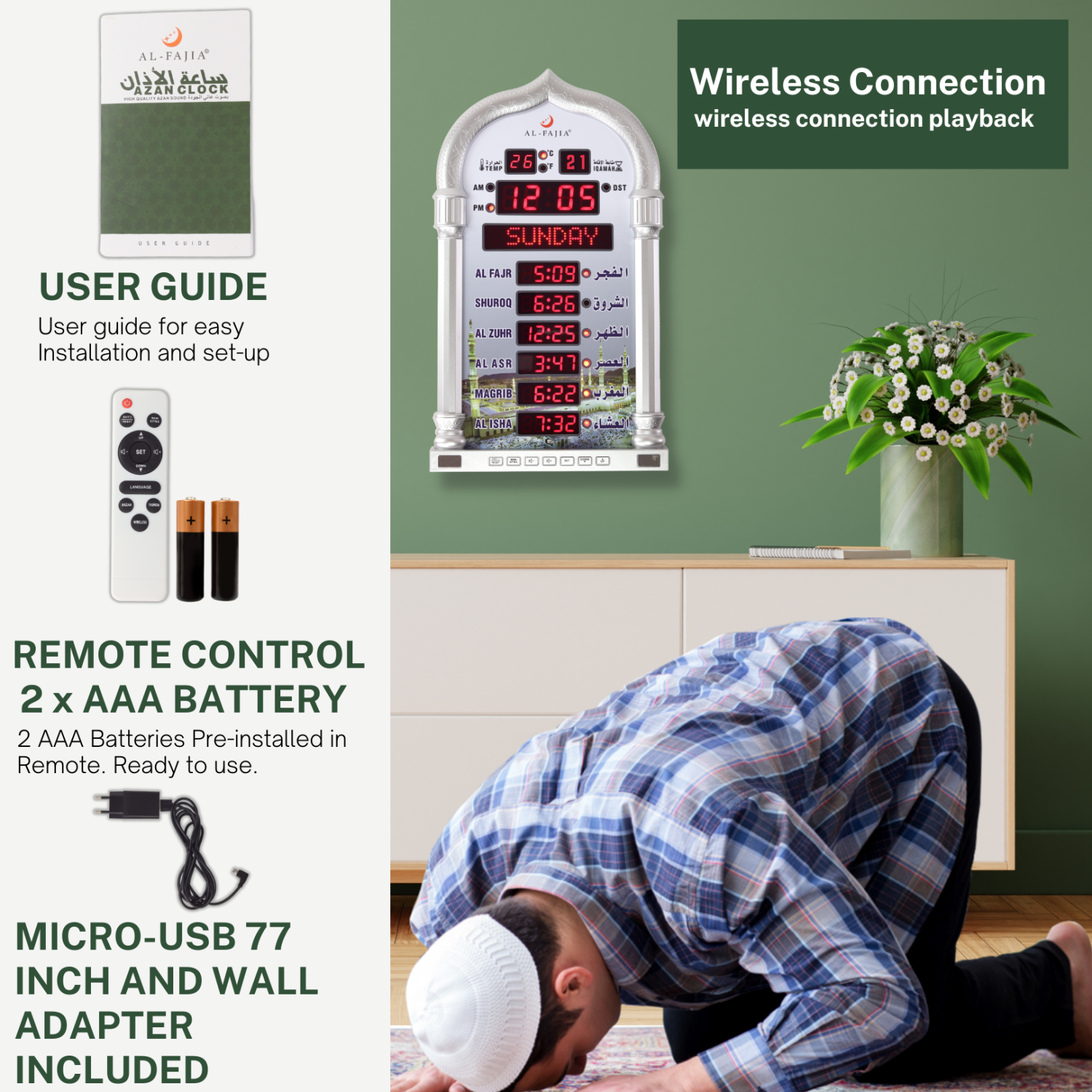 AL-FAJIA Automatic Worldwide Large Digital 8 Azan Sounds Wall and Desk Clock 4008-PRO