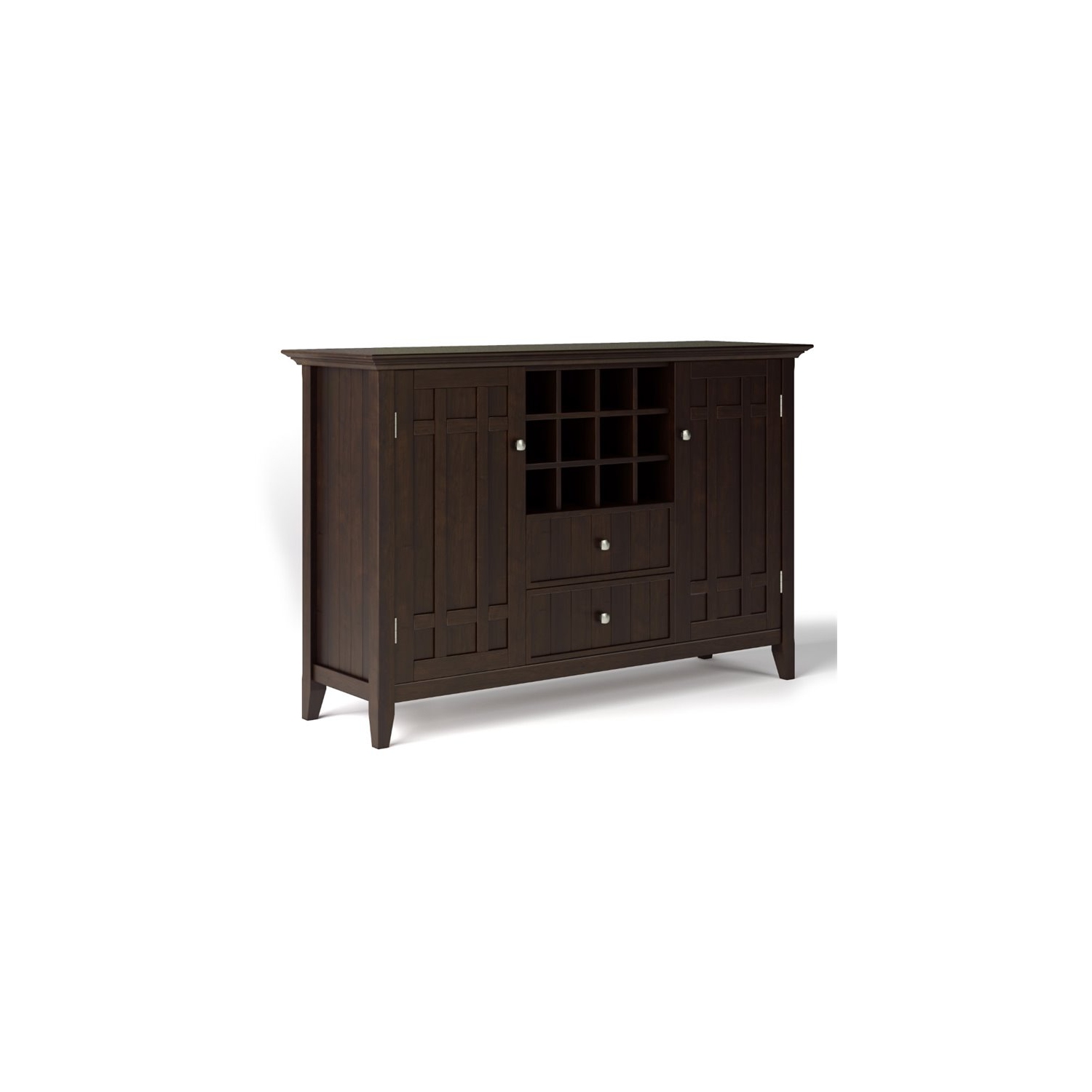 Simpli Home Bedford Wood 54" Transitional Sideboard Buffet and Wine Rack in Dark Chestnut Brown
