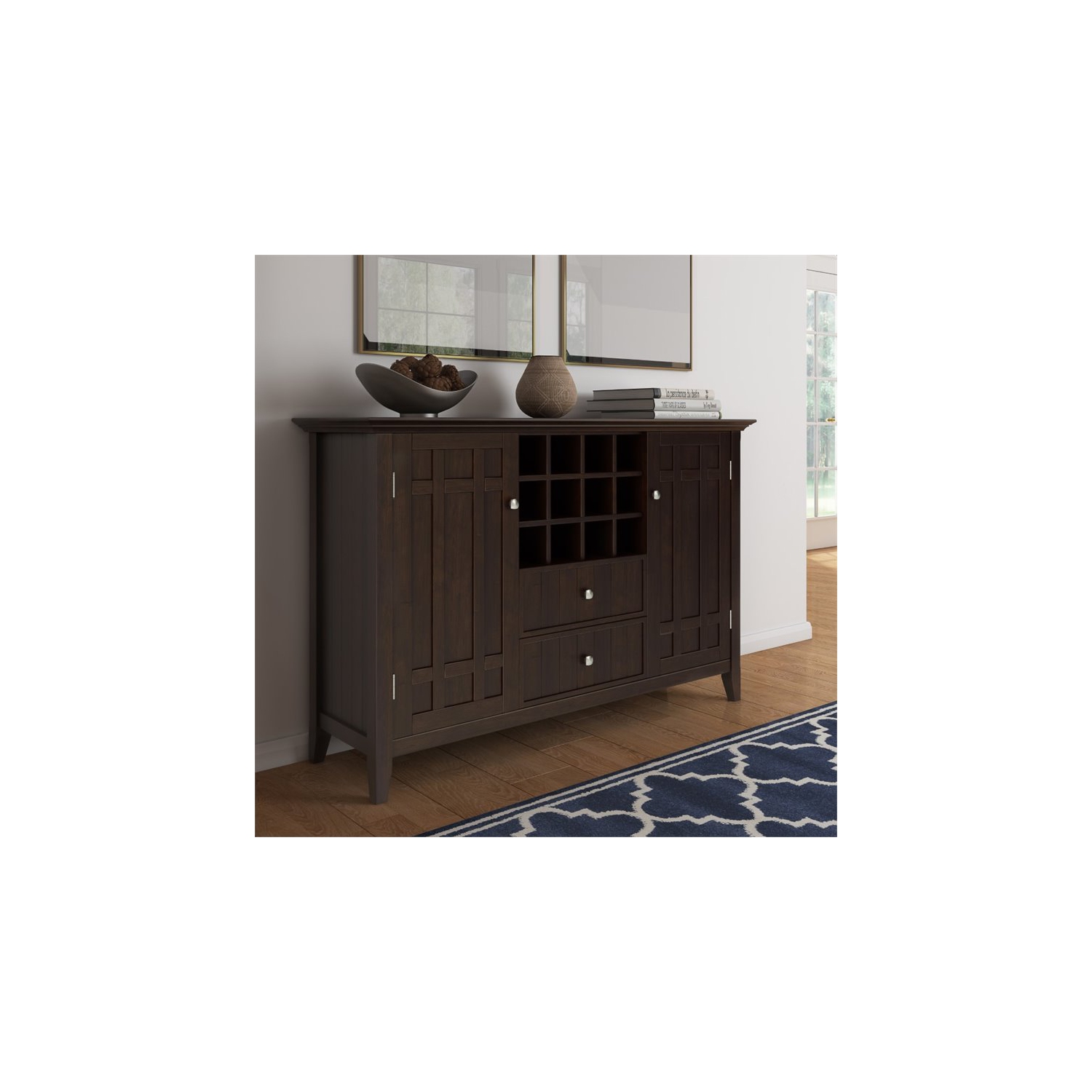 Simpli Home Bedford Wood 54" Transitional Sideboard Buffet and Wine Rack in Dark Chestnut Brown