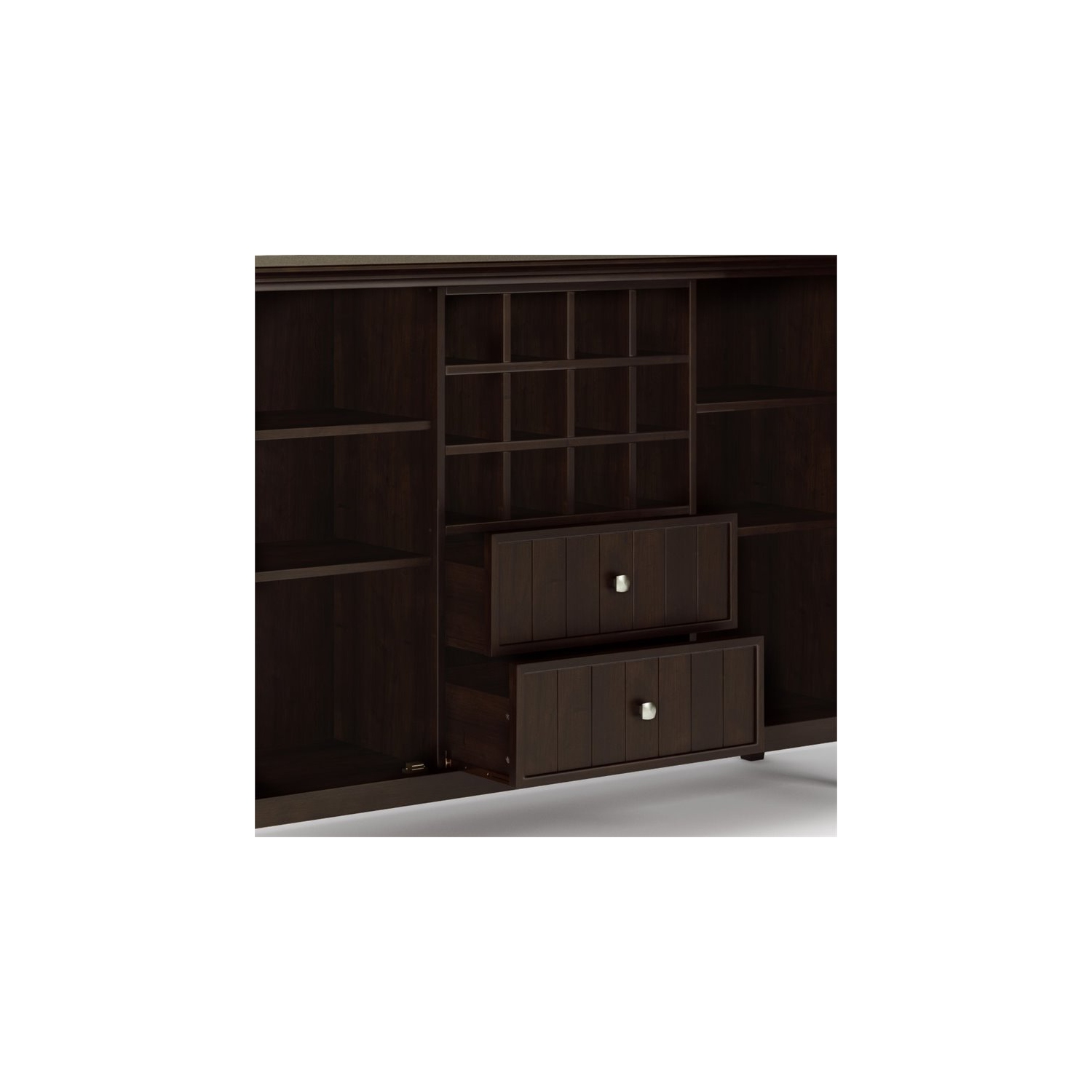 Simpli Home Bedford Wood 54" Transitional Sideboard Buffet and Wine Rack in Dark Chestnut Brown