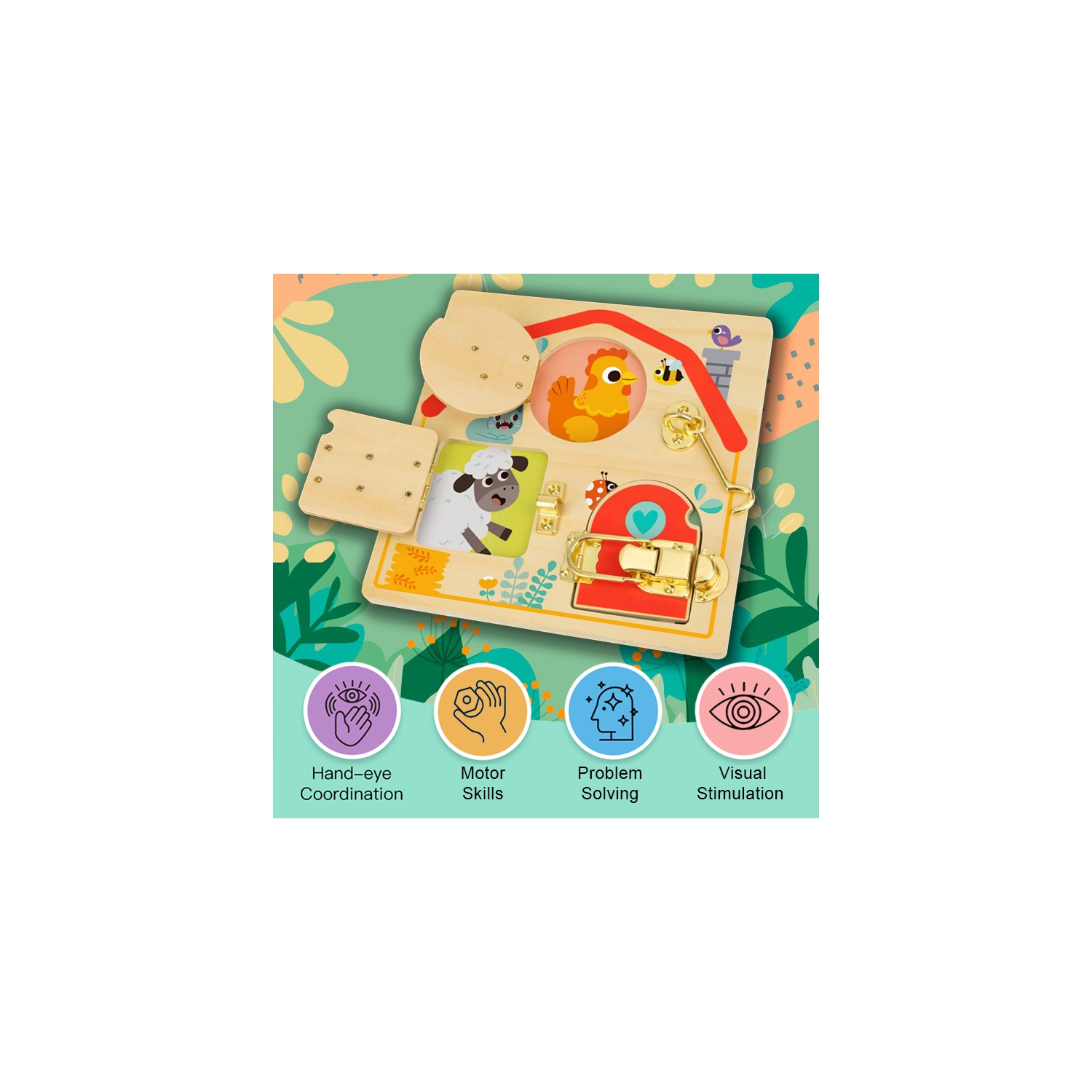 TOOKYLAND Tableau d'Activités avec Loquets - Jouet de Développement de la Motricité Fine en Bois, 3 Ans +