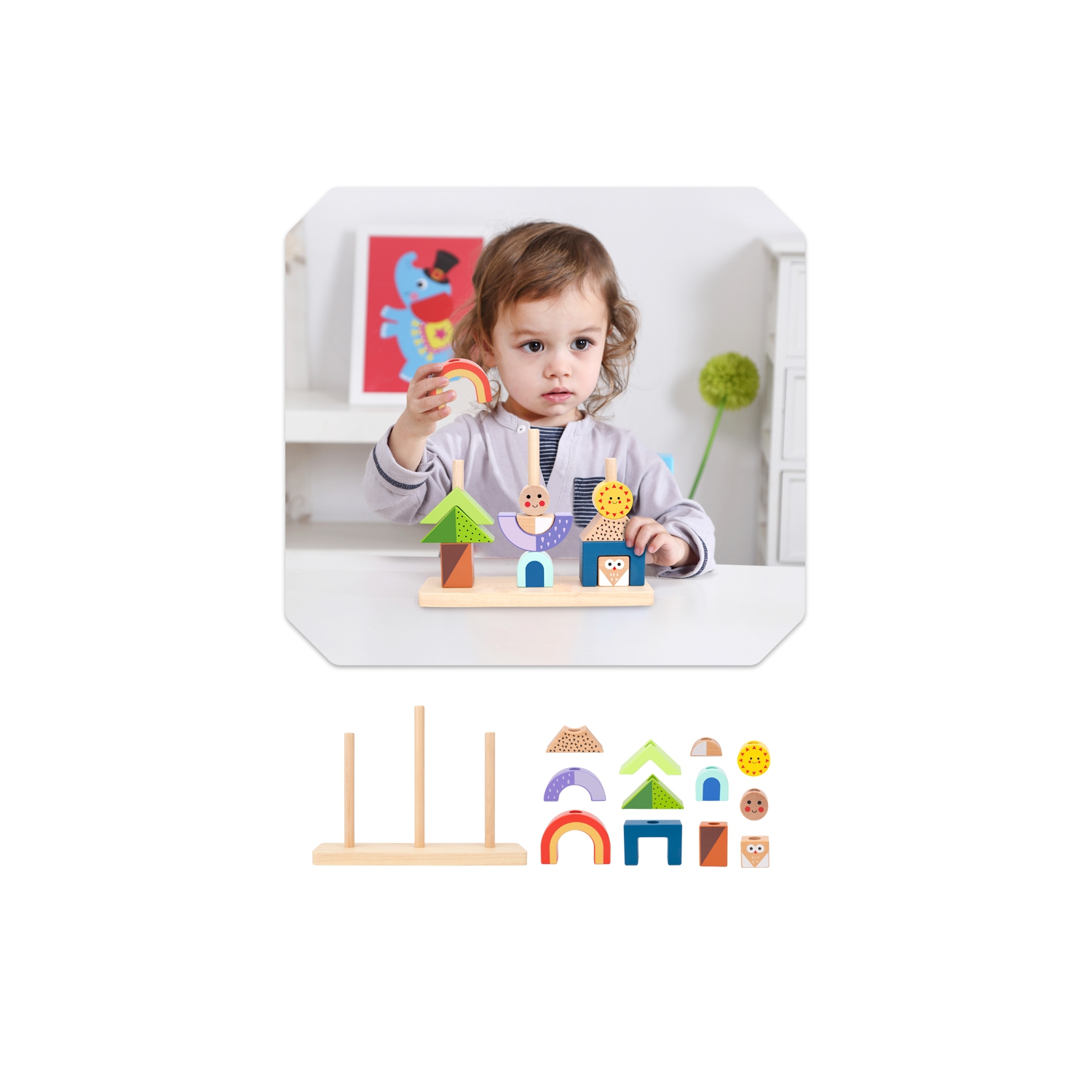 TOOKYLAND Jouet d'Empilage Jour et Nuit - 14pcs - Empileur en Bois avec Livret, 3 Ans+