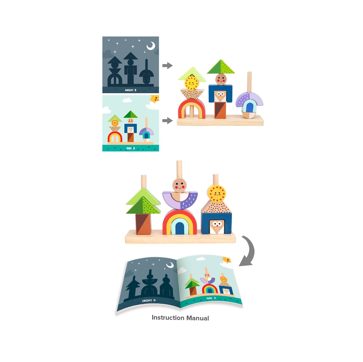 TOOKYLAND Jouet d'Empilage Jour et Nuit - 14pcs - Empileur en Bois avec Livret, 3 Ans+
