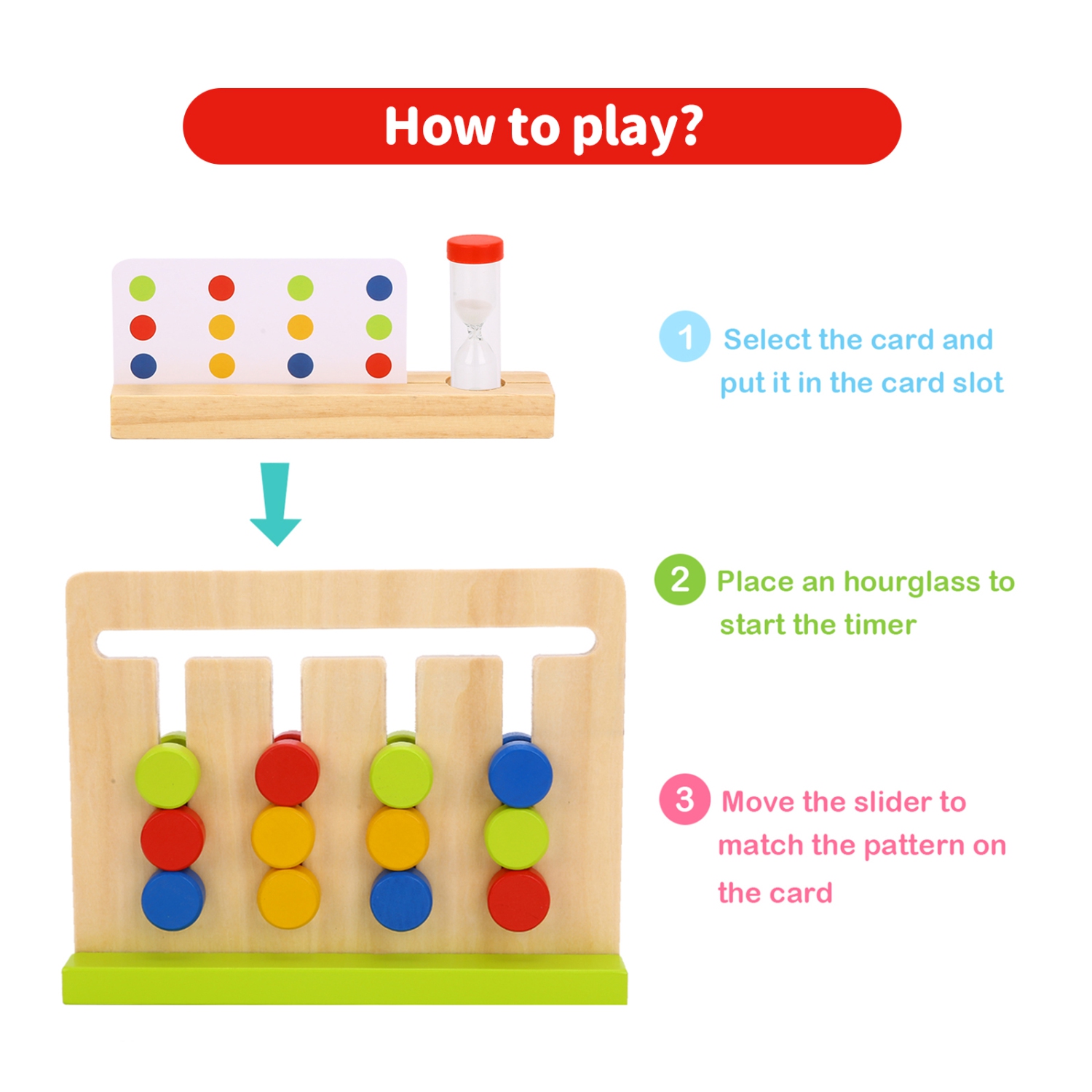 TOOKYLAND Wooden Slide Puzzle Board - 18pcs - Colour Matching Logic Game with Pattern Cards, Ages 3+