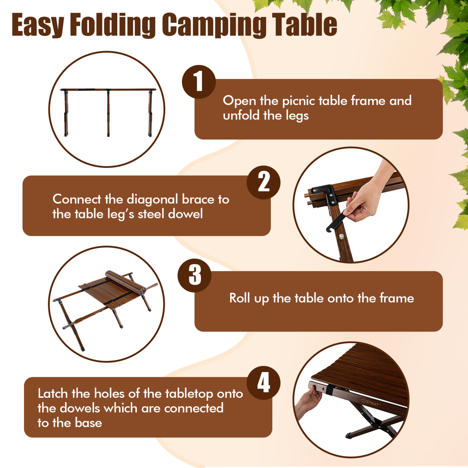 Topbuy Folding Wooden Camping Table Portable Picnic Table w/ Carry Bag Roll-up Bamboo Tabletop Outdoor Travel Camping Table Natural/Coffee