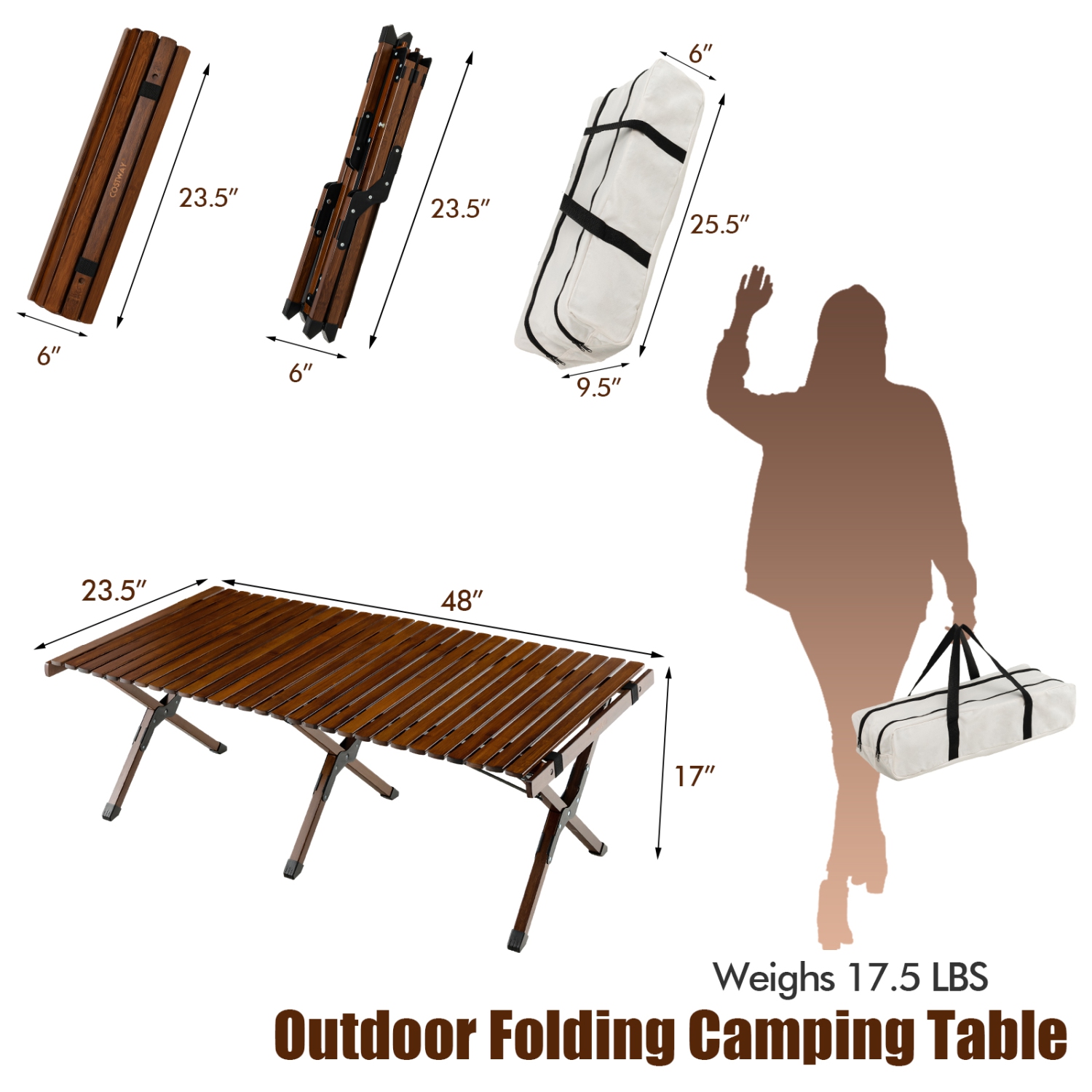Topbuy Folding Wooden Camping Table Portable Picnic Table w/ Carry Bag Roll-up Bamboo Tabletop Outdoor Travel Camping Table Natural/Coffee