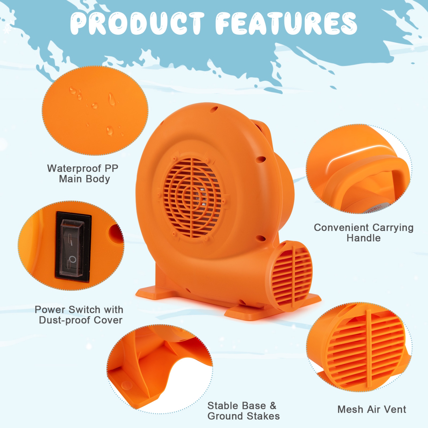 Topbuy Electric Air Blower Inflatable Bouncer Blower with Handle Large Air Outlet Commercial Air Blower for Inflatable Castle and Jump Slides 550W