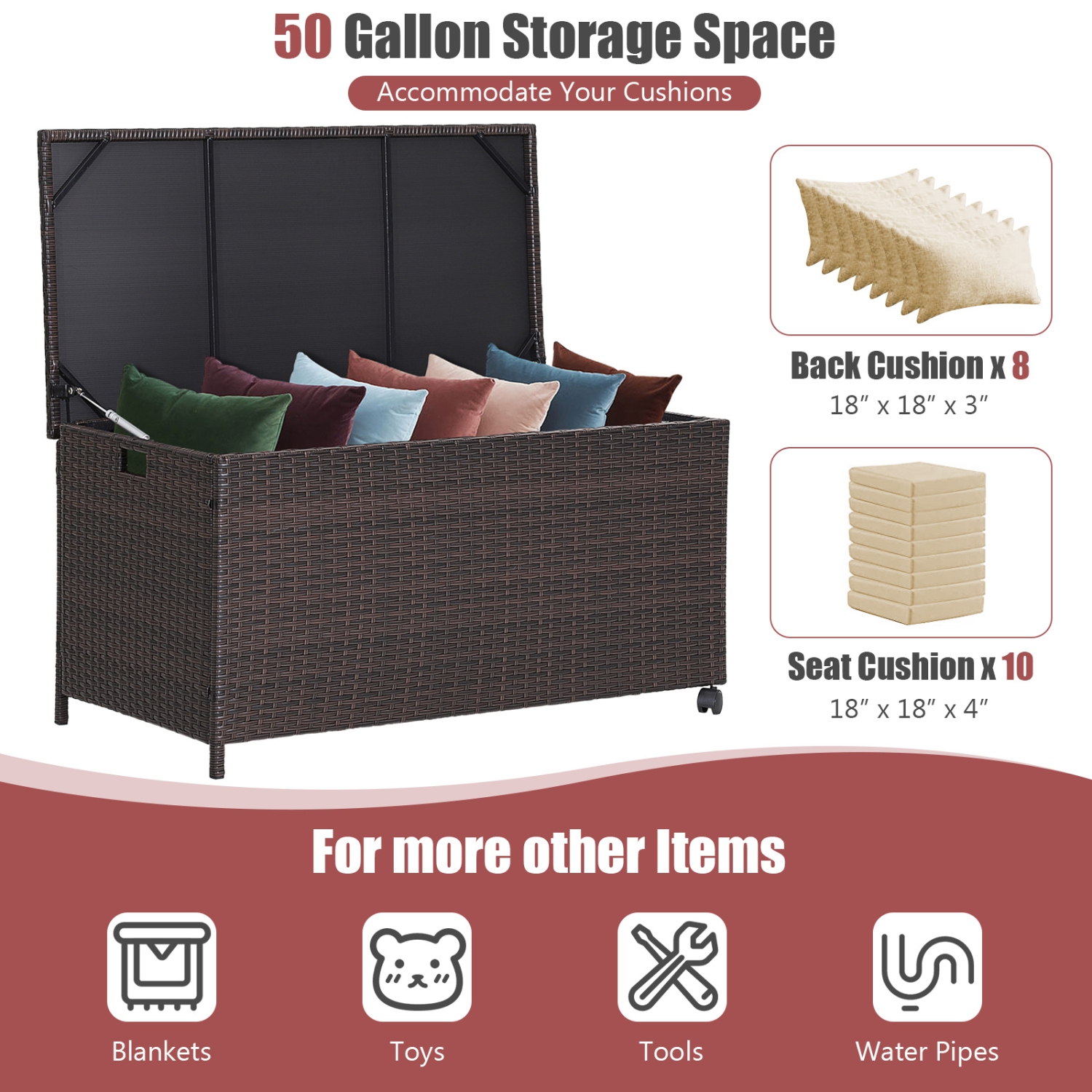 Patiojoy Outdoor 50 Gallon Wicker Storage Box PE Rattan Storage Container with Lid Deck&Waterproof Liner Mix Brown