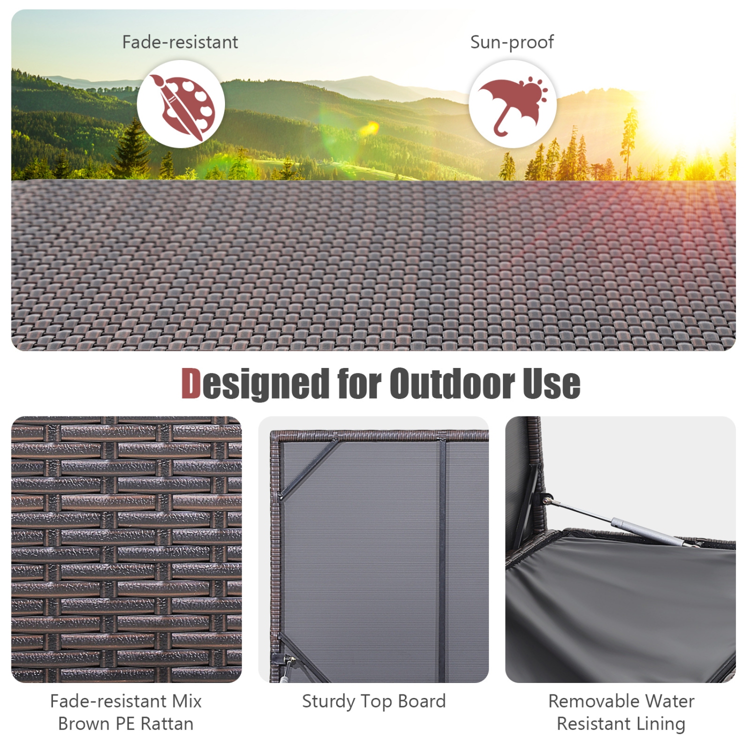 Patiojoy Outdoor 50 Gallon Wicker Storage Box PE Rattan Storage Container with Lid Deck&Waterproof Liner Mix Brown