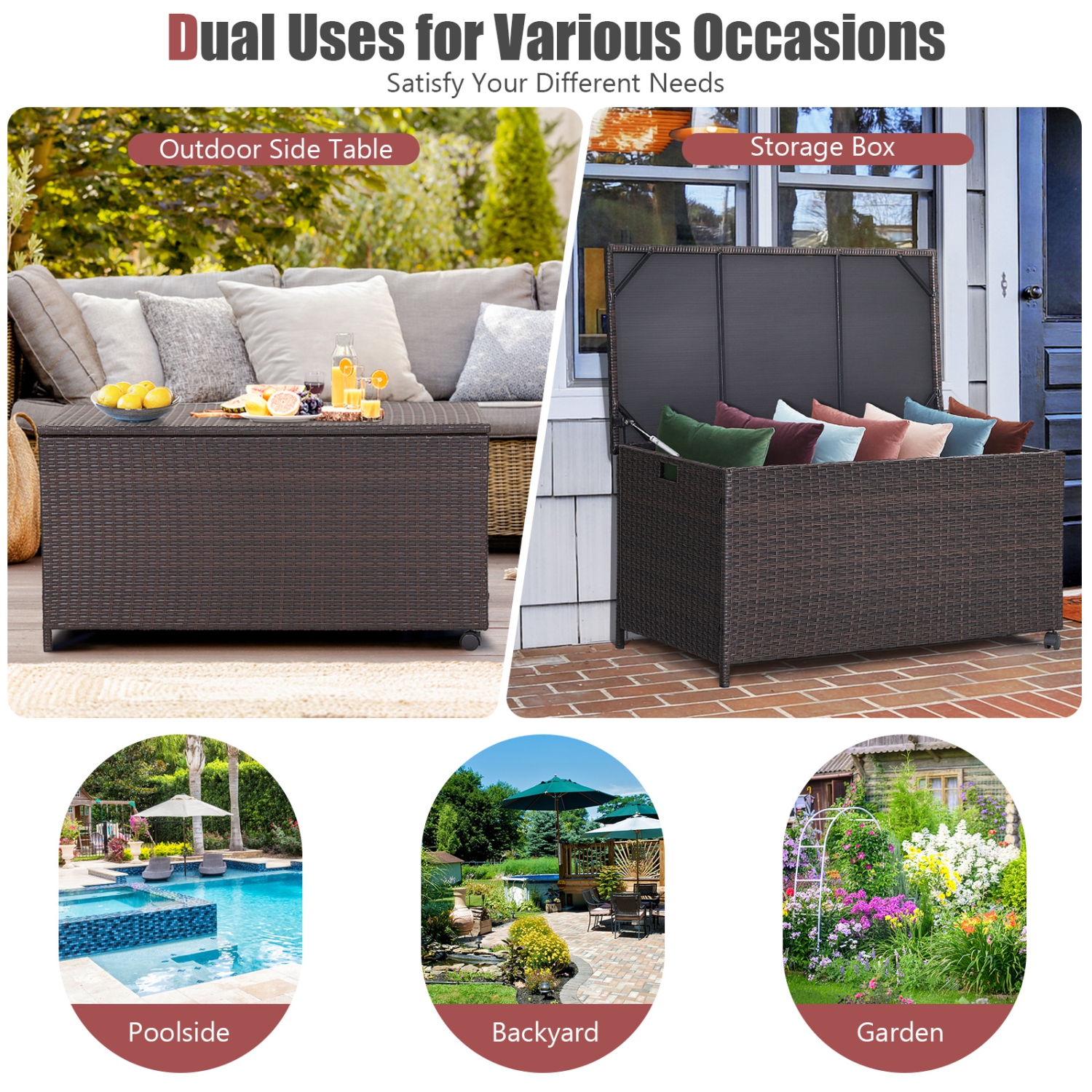 Patiojoy Outdoor 50 Gallon Wicker Storage Box PE Rattan Storage Container with Lid Deck&Waterproof Liner Mix Brown