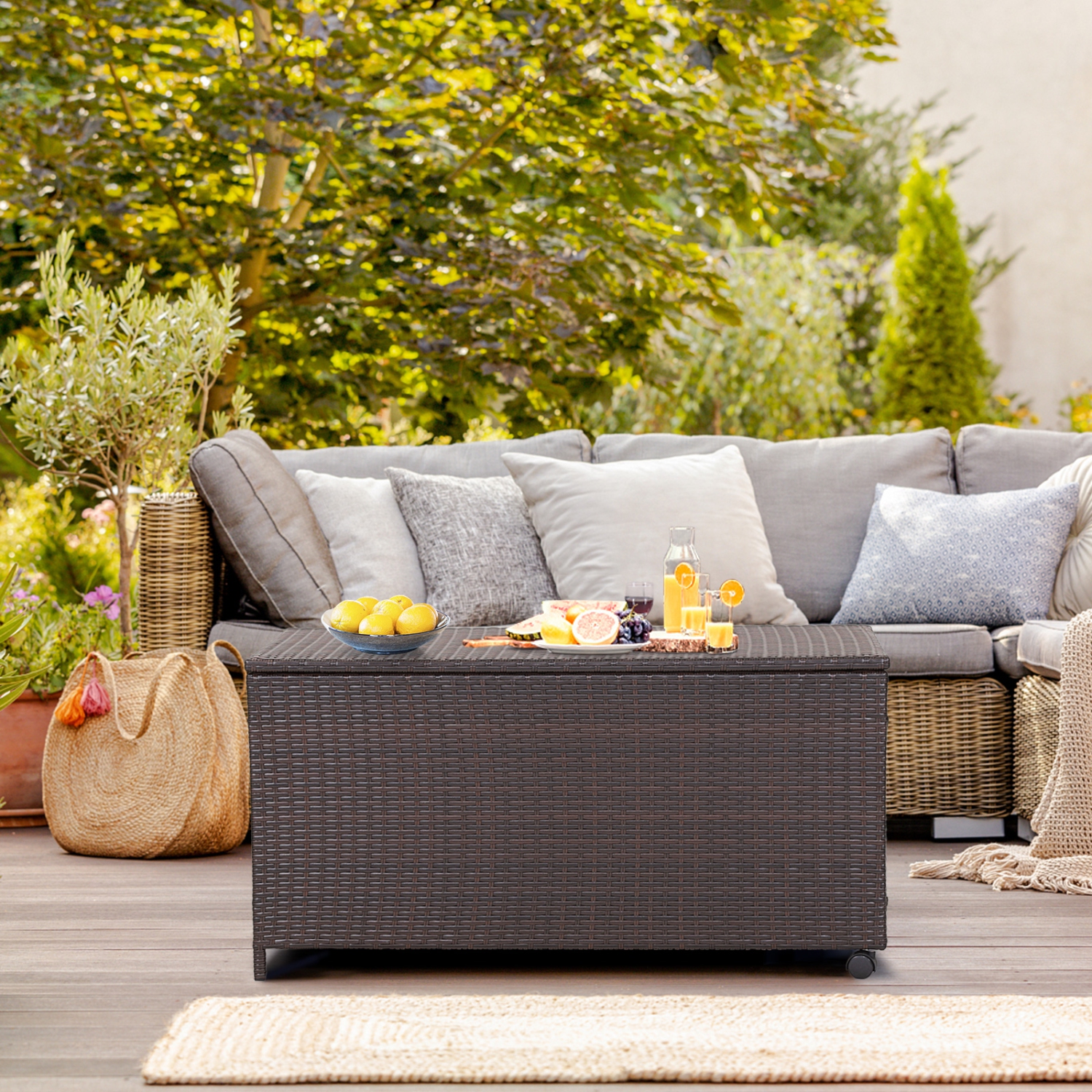 Patiojoy Outdoor 50 Gallon Wicker Storage Box PE Rattan Storage Container with Lid Deck&Waterproof Liner Mix Brown