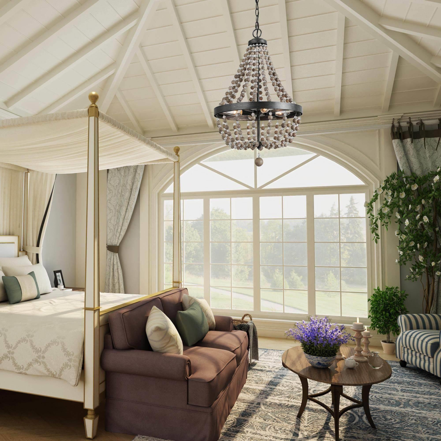 Suspension moderne champêtre à 4 lampes en perles de bois, empire bohémien