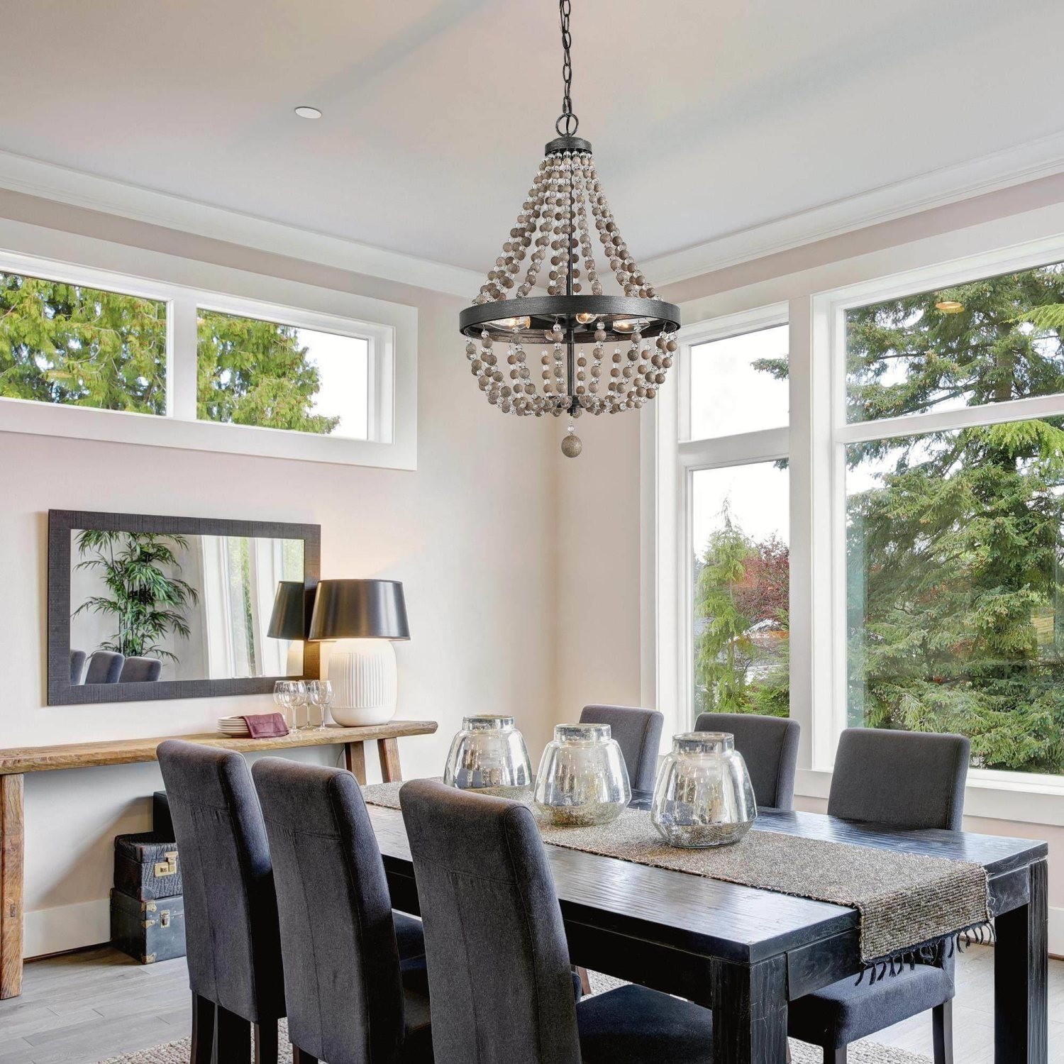 Suspension moderne champêtre à 4 lampes en perles de bois, empire bohémien