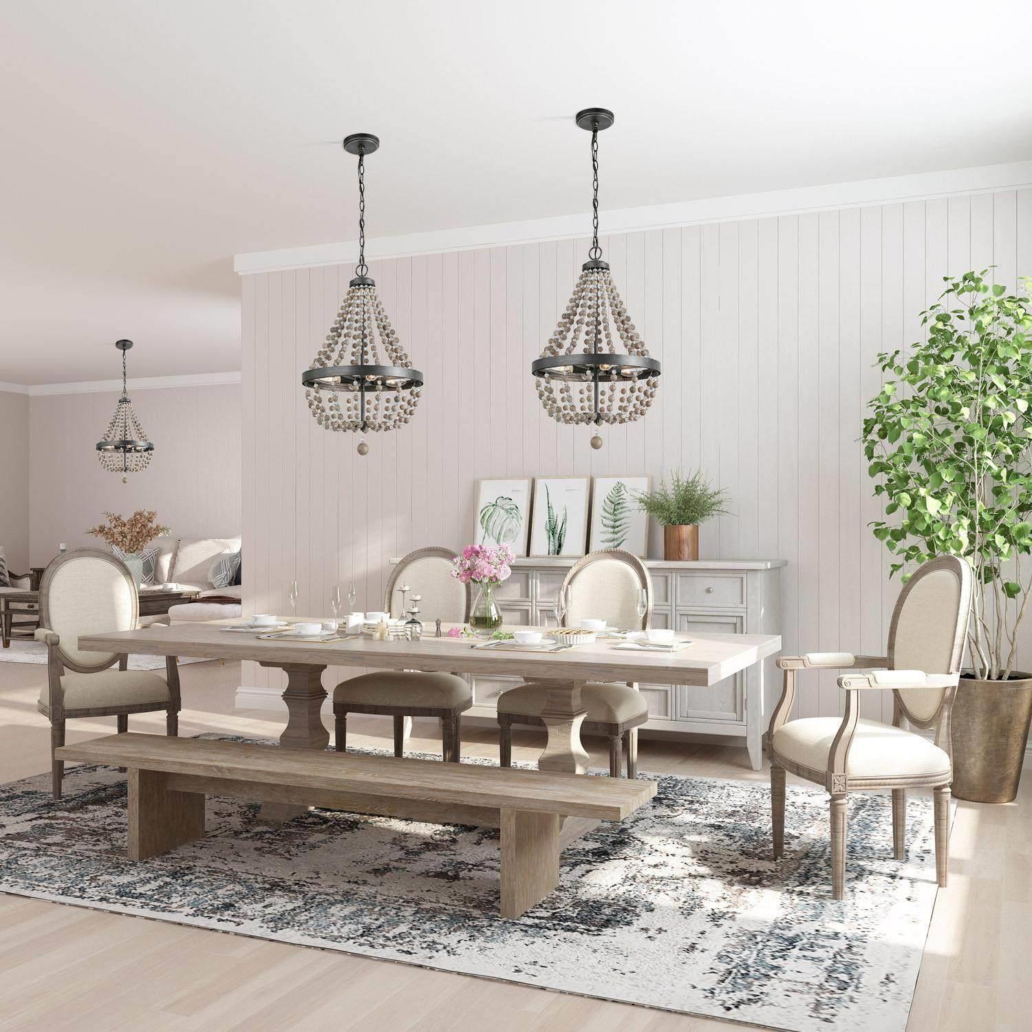 Suspension moderne champêtre à 4 lampes en perles de bois, empire bohémien