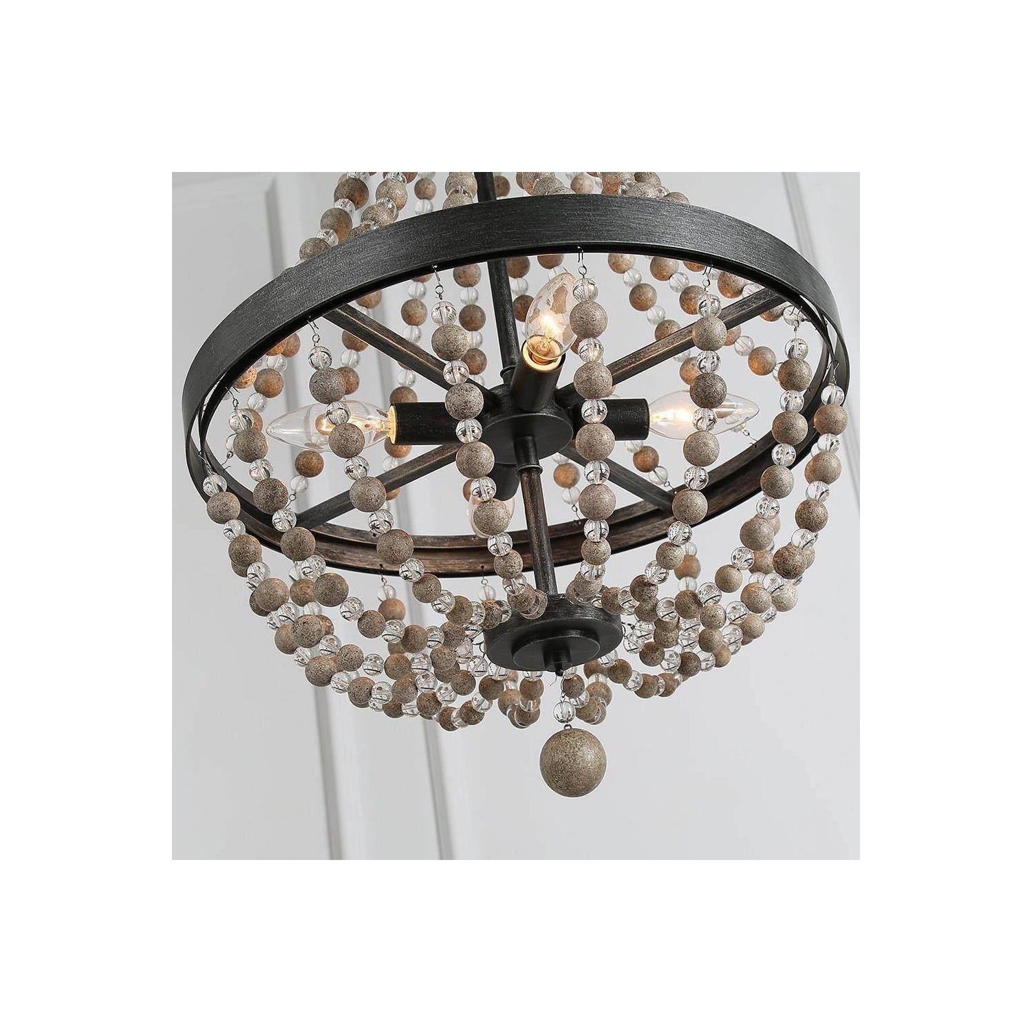 Suspension moderne champêtre à 4 lampes en perles de bois, empire bohémien