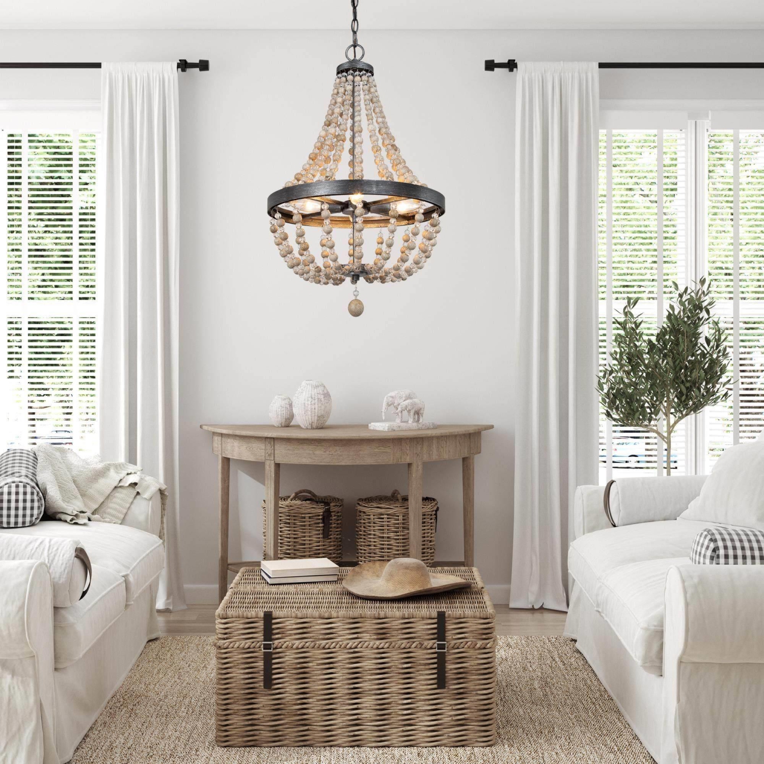 Suspension moderne champêtre à 4 lampes en perles de bois, empire bohémien