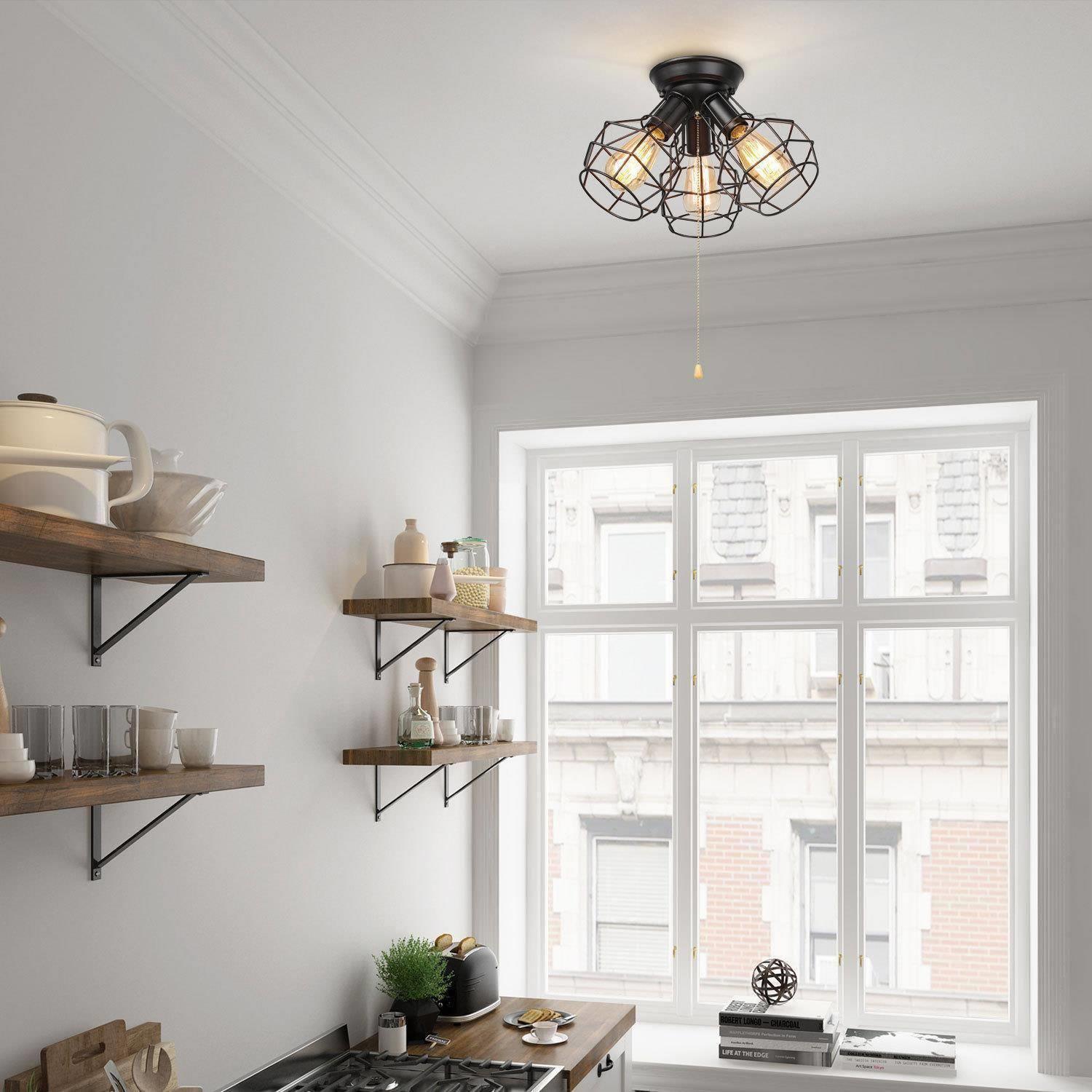 Metal Cage 3-Light Semi Flush Mount Ceiling Lights