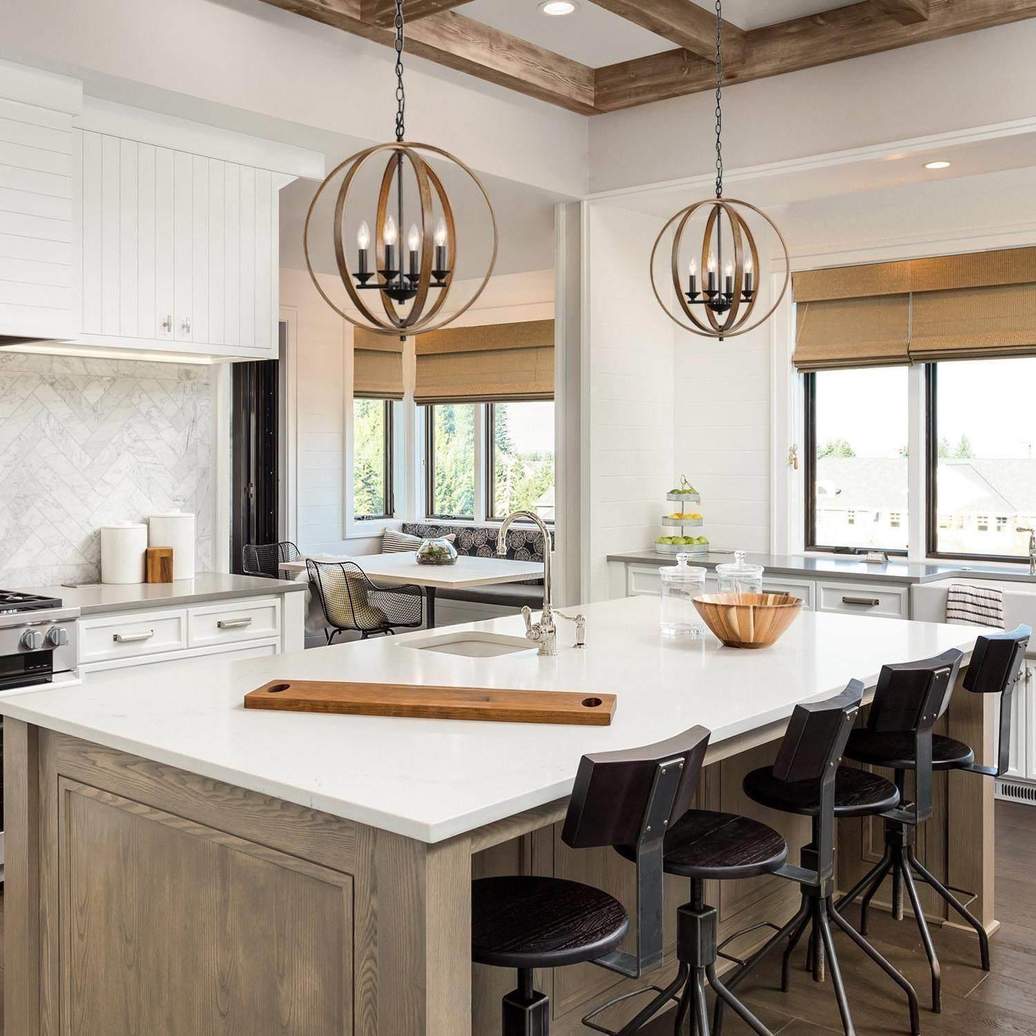 Chandelier à 4 lumières en forme de globe et de bois Farmhouse