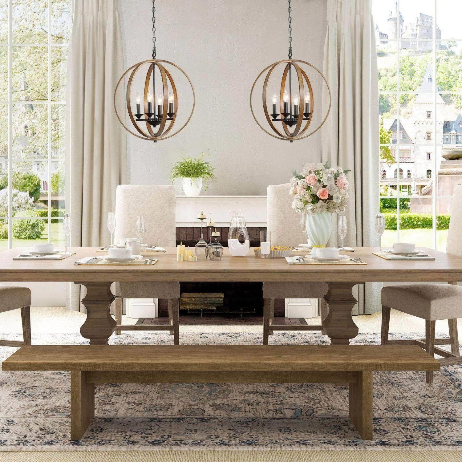 Chandelier à 4 lumières en forme de globe et de bois Farmhouse