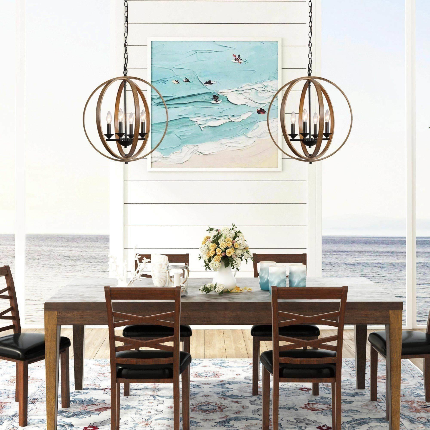 Chandelier à 4 lumières en forme de globe et de bois Farmhouse