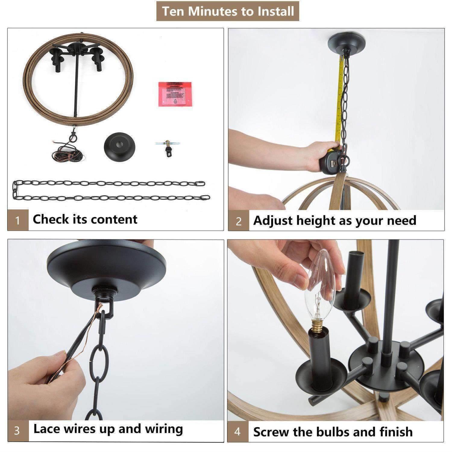 Chandelier à 4 lumières en forme de globe et de bois Farmhouse