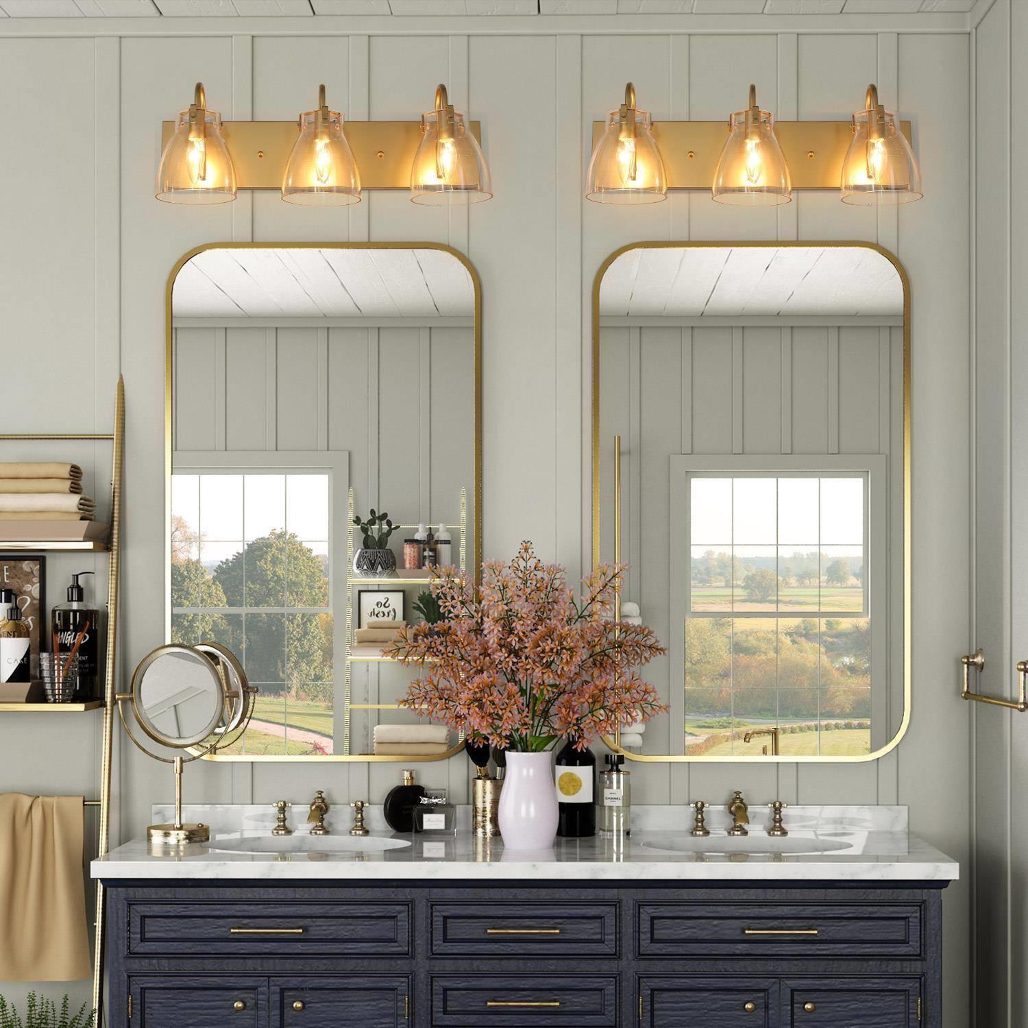 Applique murale de salle de bain moderne à 3 ampoules, verre transparent, fini doré, pour salle de bain