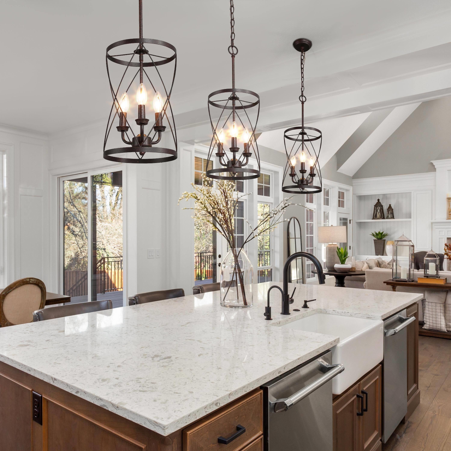 Modern Farmhouse 3-Light Black Cylinder Lantern Chandelier for Kitchen Island