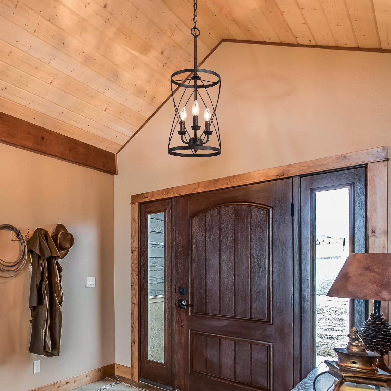 Modern Farmhouse 3-Light Black Cylinder Lantern Chandelier for Kitchen Island