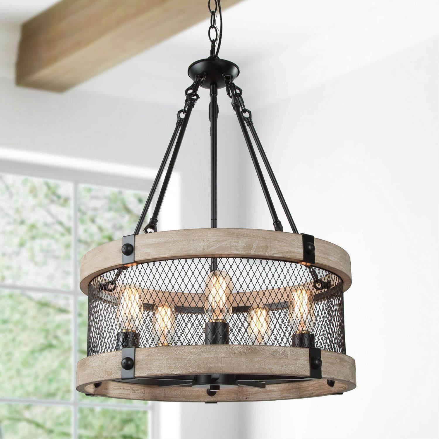 Modern Farmhouse 5-Light Wood Drum Chandelier for Dining Room